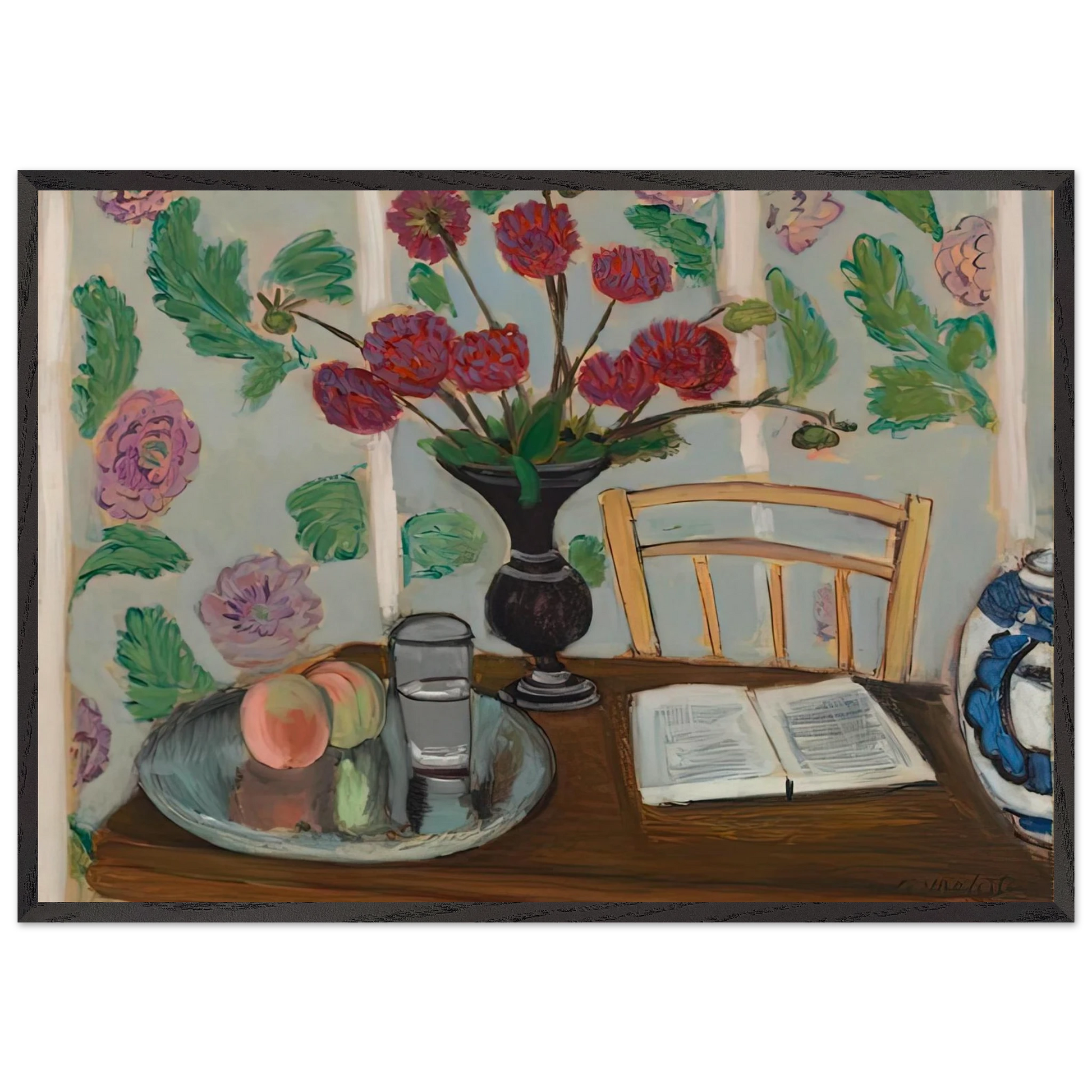 STILL LIFE BOUQUET OF DAHLIAS AND WHITE BOOK 1923 - Henri Matisse Framed Art Print – Black Wooden Frame - Default Title - -Framed Art Print