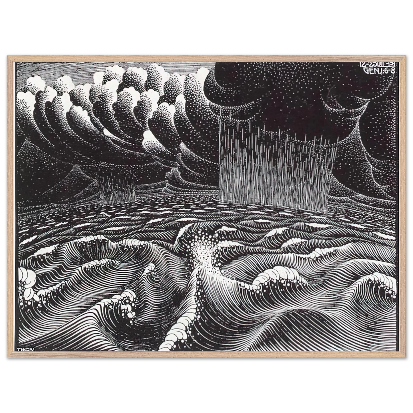 MC Escher - THE 2ND DAY OF THE CREATION Wall Art - 21x29.7 cm / 8x12" - Premium Wooden Framed Poster With Fine Art Paper - Black frame