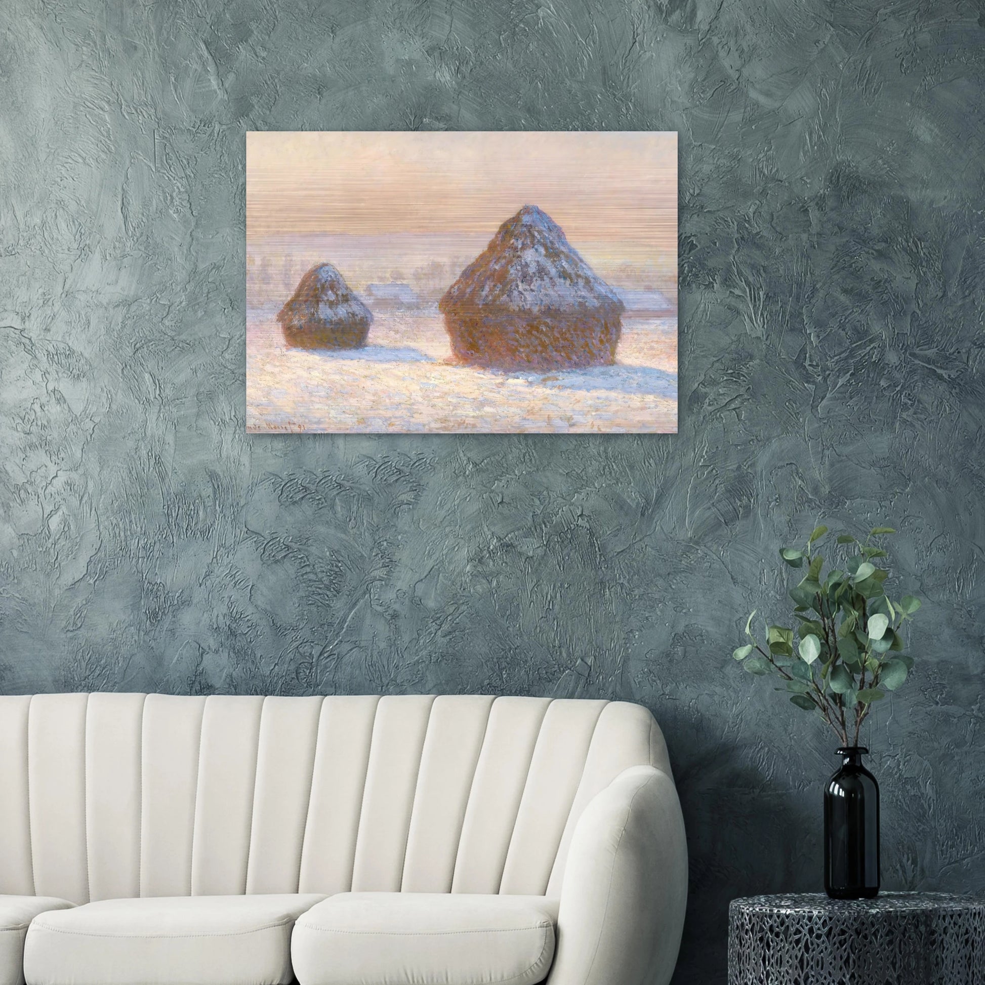Wheatstacks, Snow Effect, Morning - claude monet Brushed Aluminum Print - 70x100 cm / 28x40 inches | claude monet Aluminum Print | claude monet Prints