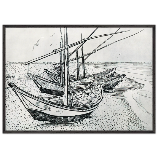 Fishing boats on the Beach at Les Saintes-Maries-de-la-Mer - Vincent van Gogh 70x100 cm / 28x40 inches Framed Art Print – Black Wooden Frame