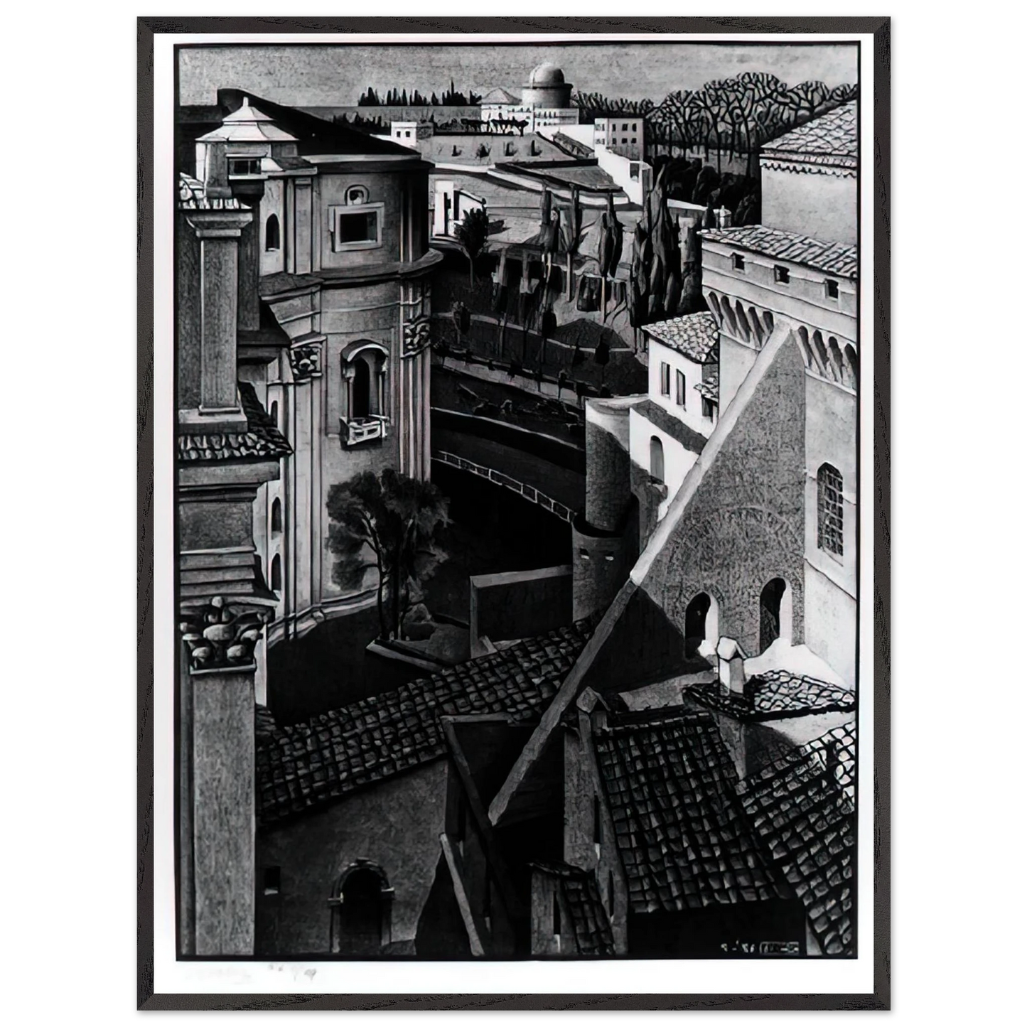 MC Escher - BERWEEN ST PETER AND SISTINE CHAPEL MARCH 1936 1936 Wall Art - 21x29.7 cm / 8x12" - Premium Wooden Framed Poster With Fine Art Paper - Black frame
