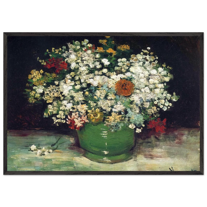 Vase with Zinnias and Other Flowers - Vincent van Gogh 70x100 cm / 28x40 inches Framed Art Print – Black Wooden Frame