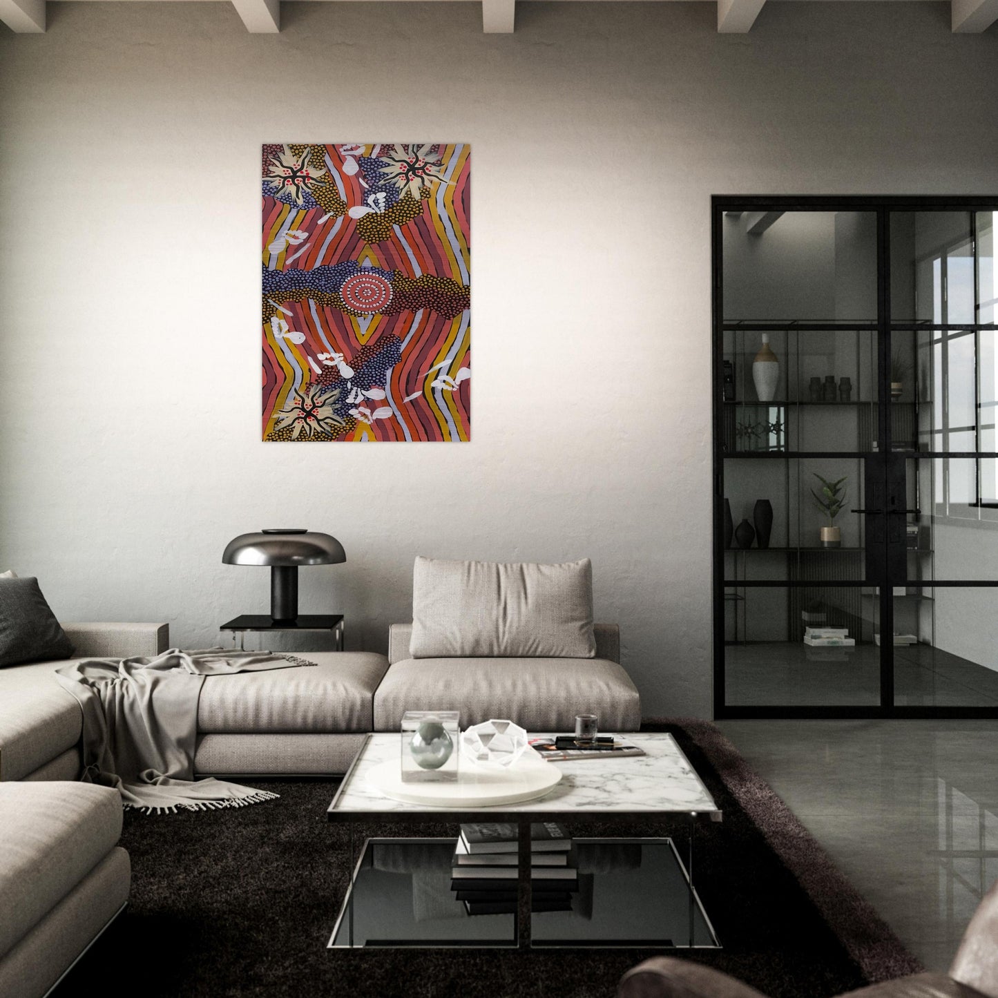 Womans Dreaming - 2000 - Clifford Possum Tjapaltjarri Brushed Aluminum Print - 70x100 cm / 28x40 inches | Clifford Possum Tjapaltjarri Aluminum Print | Clifford Possum Tjapaltjarri Prints