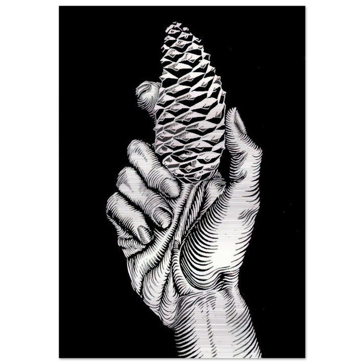 HAND WITH FIR CONE - MC Escher Brushed Aluminum Print - 70x100 cm / 28x40 inches | MC Escher Aluminum Print | MC Escher Prints