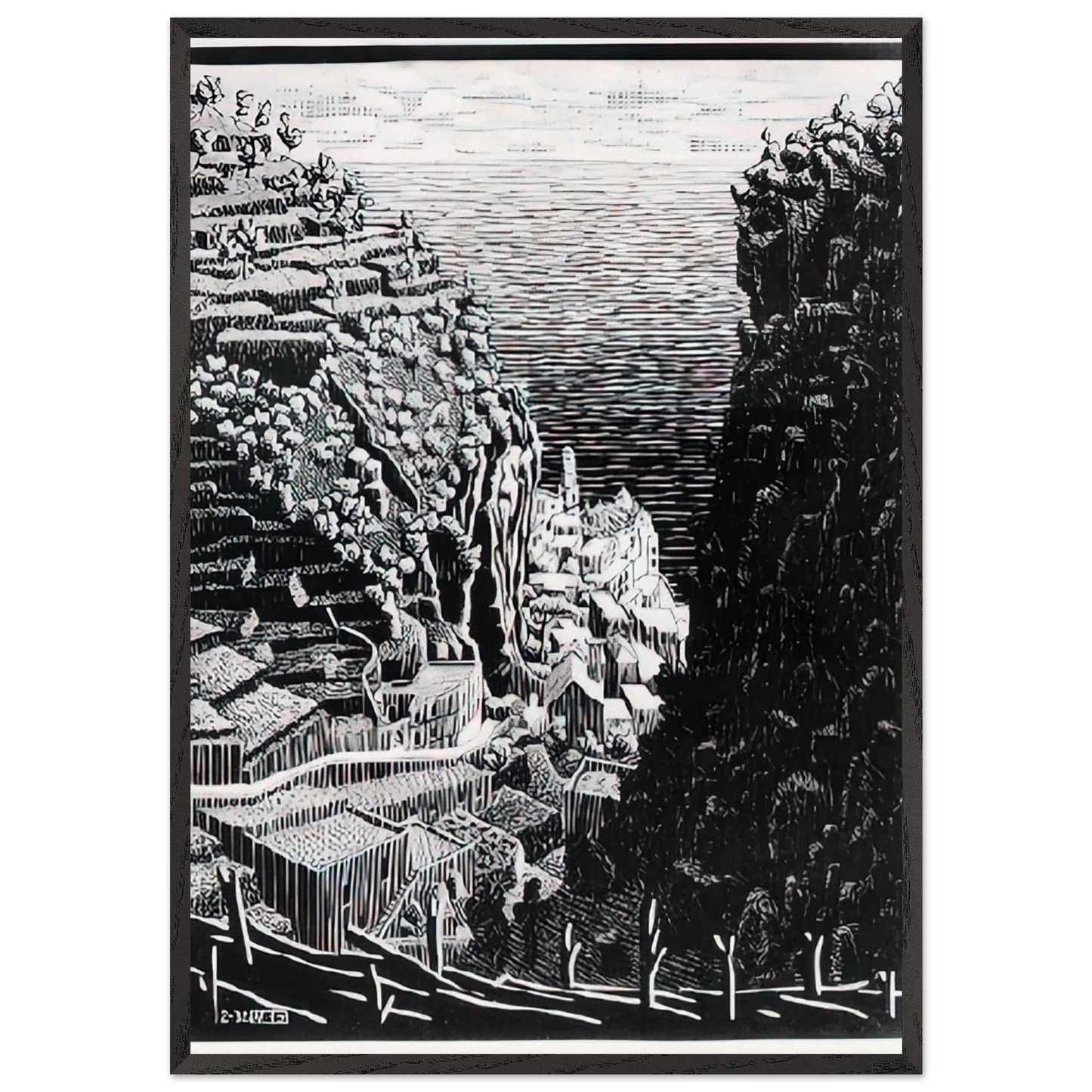 ATRANI COAST OF AMALFI 1 - MC Escher Framed Art Print – Black Wooden Frame - Default Title - -Framed Art Print