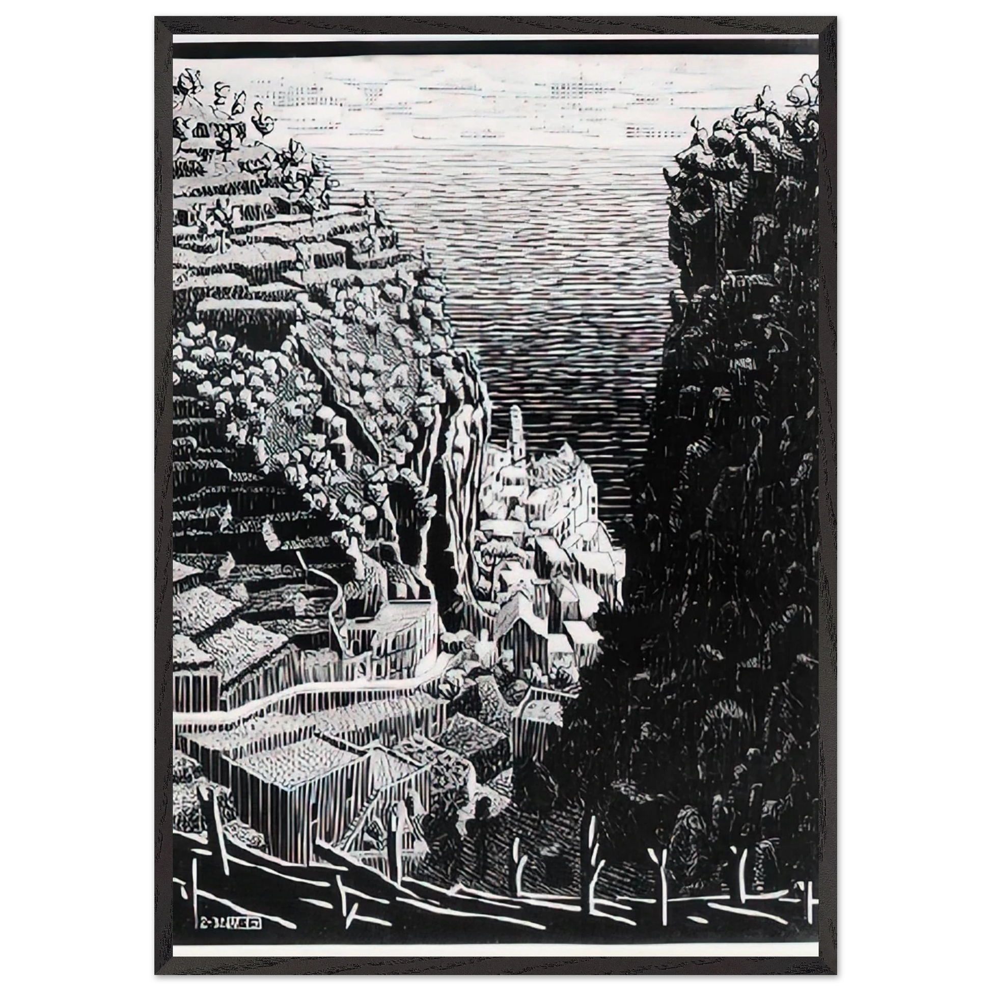 ATRANI COAST OF AMALFI 1 - MC Escher Framed Art Print – Black Wooden Frame - Default Title - -Framed Art Print