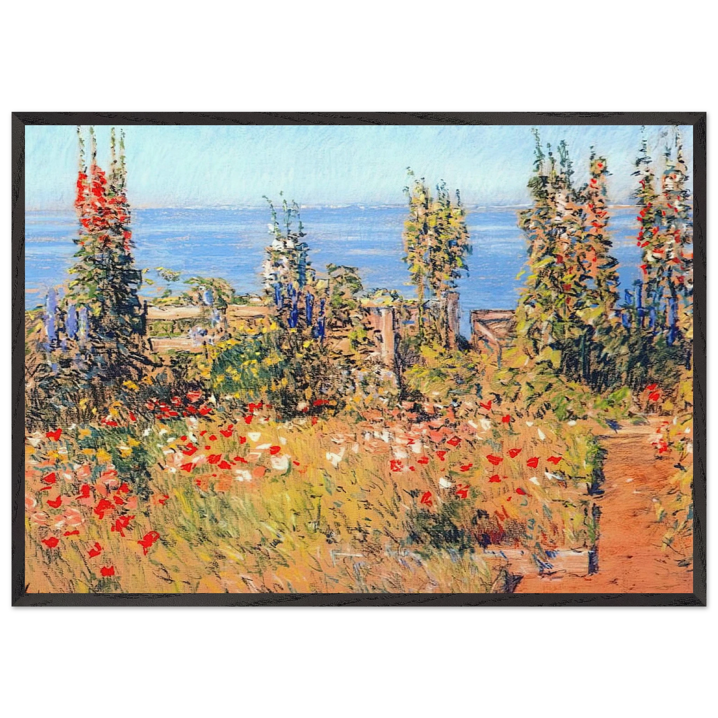 Hollyhocks Isles of Shoals - Childe Hassam Framed Art Print – Black Wooden Frame - Default Title - -Framed Art Print