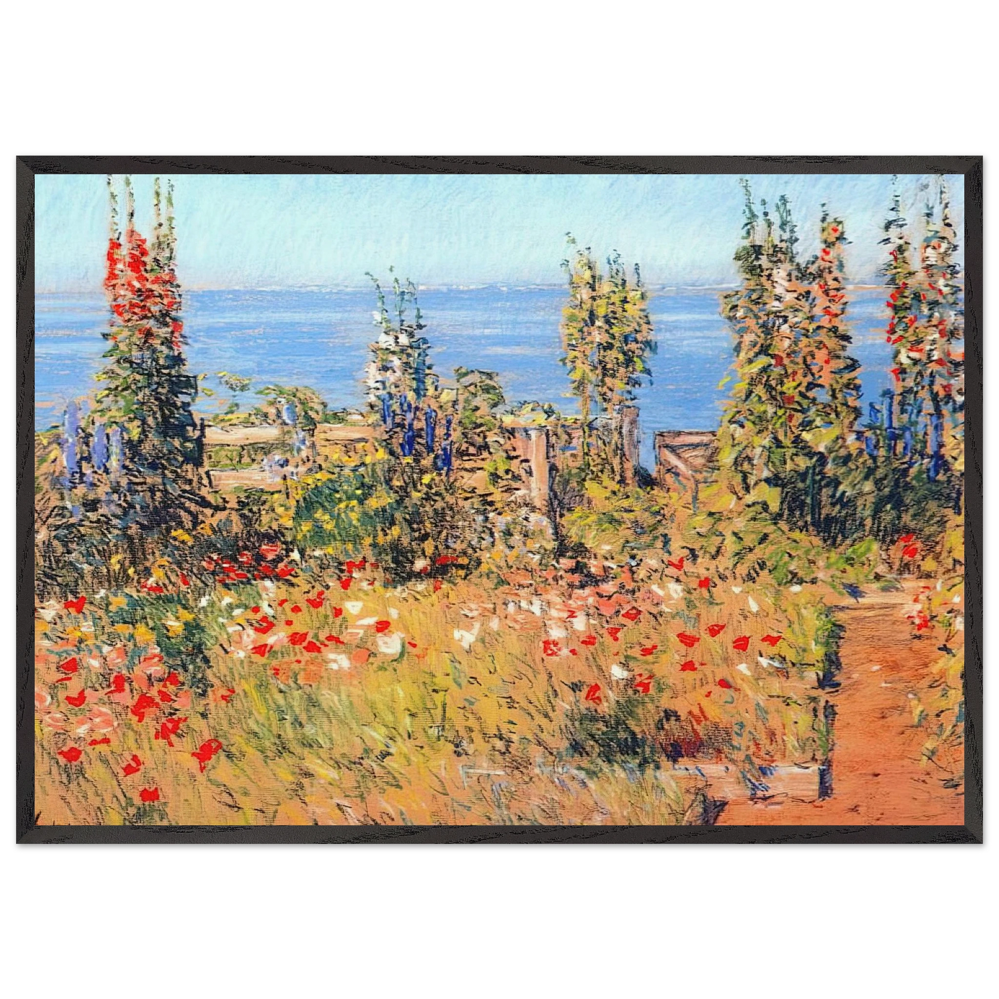 Hollyhocks Isles of Shoals - Childe Hassam Framed Art Print – Black Wooden Frame - Default Title - -Framed Art Print