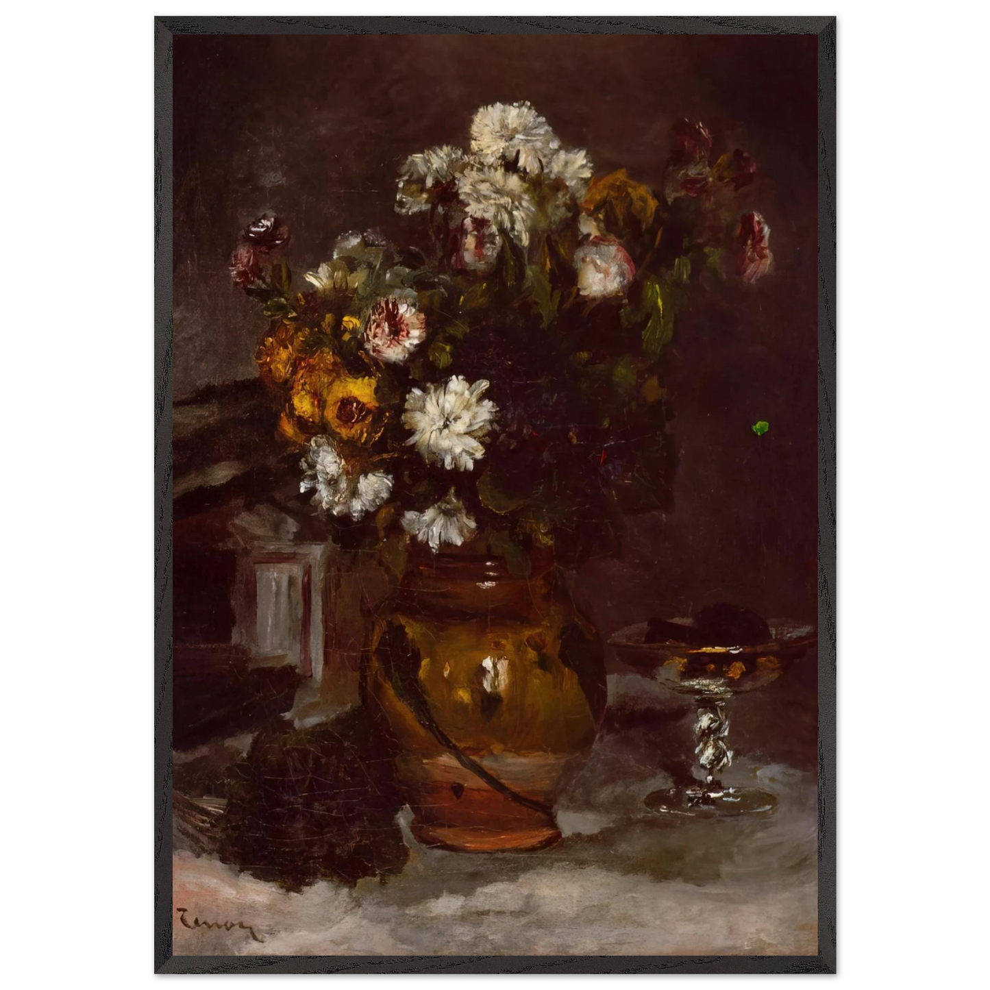 Flowers in a Vase and a Glass of Champagne - Pierre-Auguste Renoir Framed Art Print – Black Wooden Frame - Default Title - -Framed Art Print