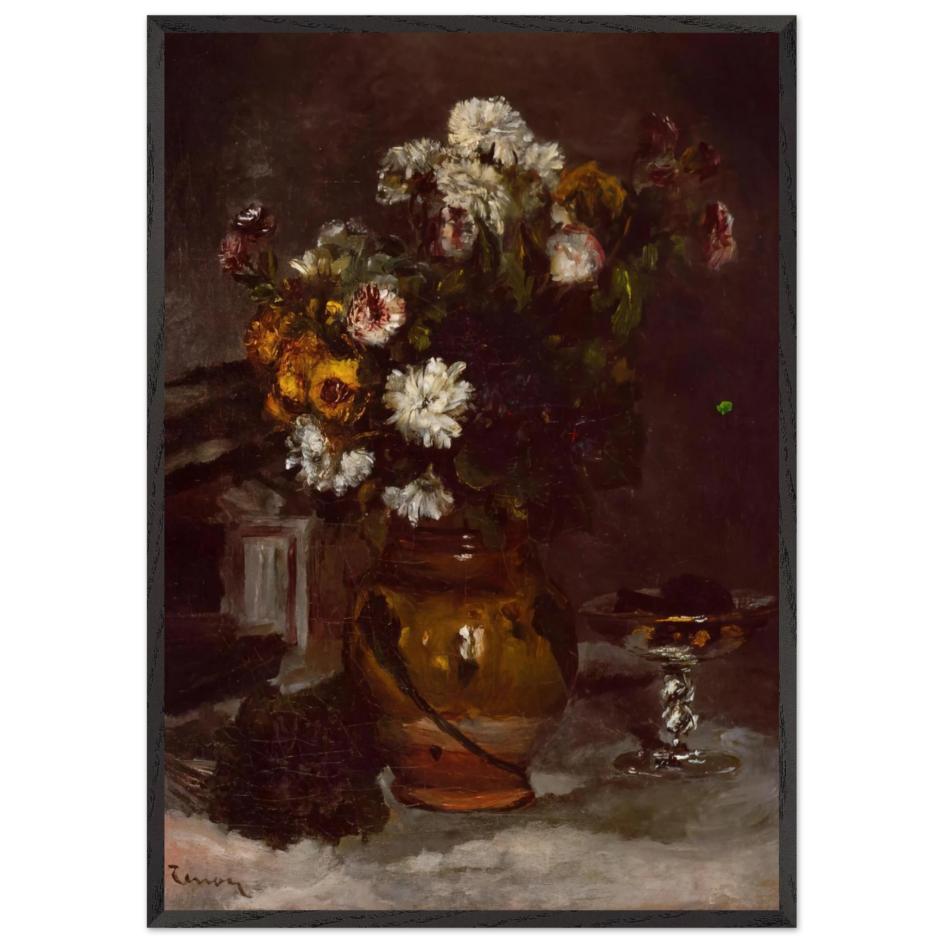 Flowers in a Vase and a Glass of Champagne - Pierre-Auguste Renoir Framed Art Print – Black Wooden Frame - Default Title - -Framed Art Print