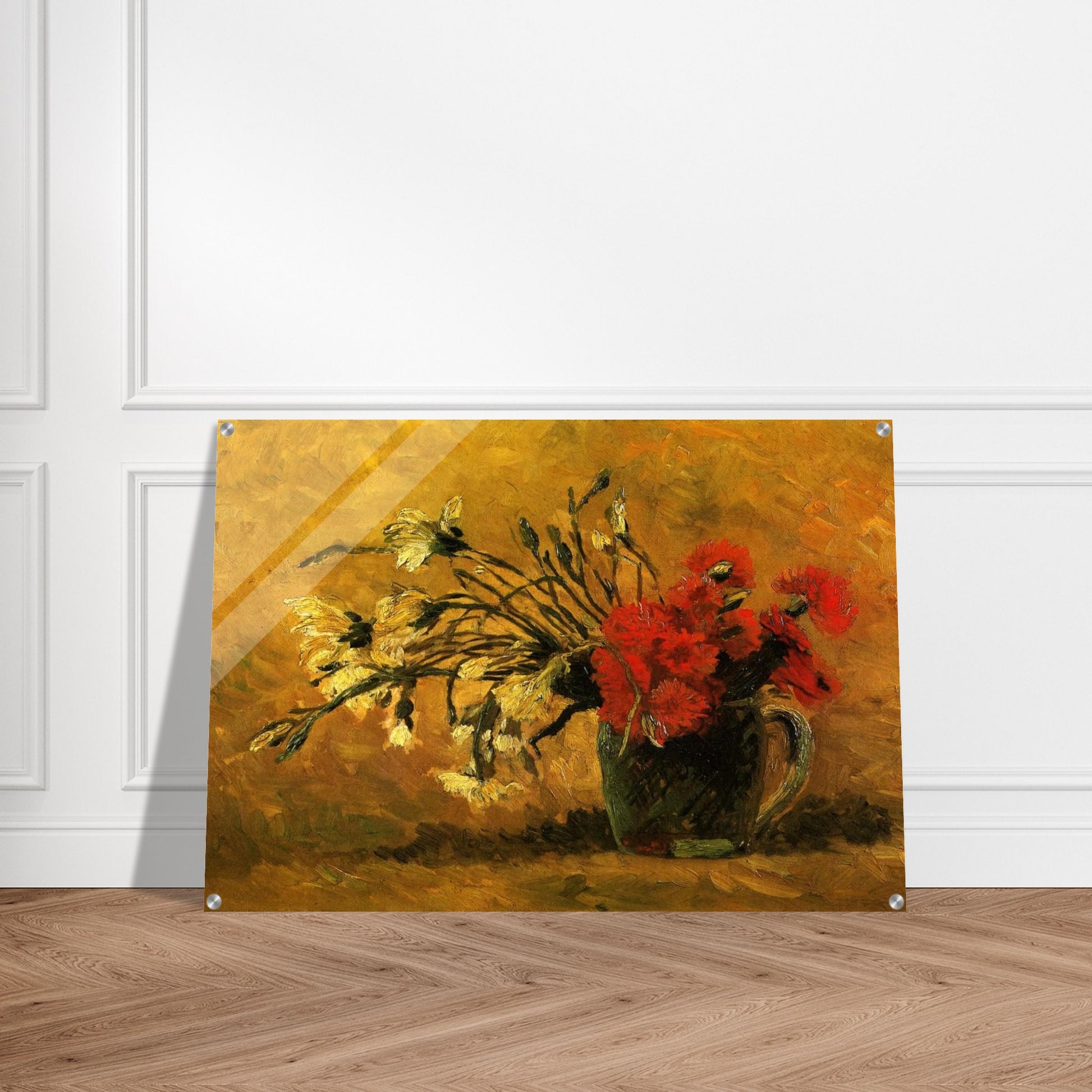 Vase with Red and White Carnations on a Yellow Background - Vincent van Gogh Acrylic Print - 70x100 cm / 28x40″ inches