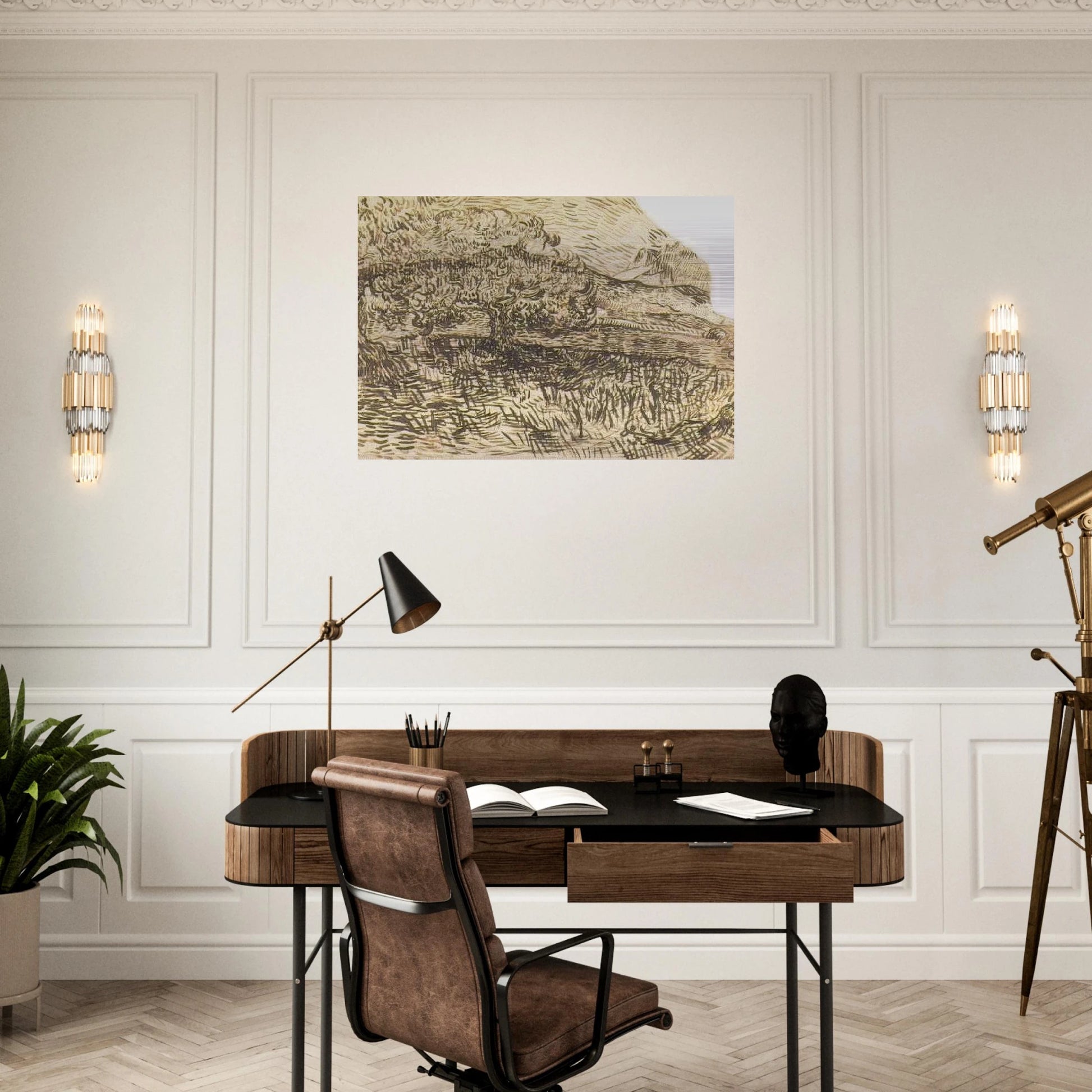 Olive Trees in a Mountain Landscape - Vincent van Gogh Brushed Aluminum Print - 70x100 cm / 28x40 inches | Vincent van Gogh Aluminum Print | Vincent van Gogh Prints
