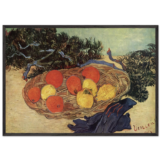 Still Life with Oranges and Lemons with Blue Gloves - Vincent van Gogh 70x100 cm / 28x40 inches Framed Art Print – Black Wooden Frame