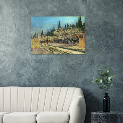 Orchard in Blossom, Bordered by Cypresses - Vincent van Gogh Brushed Aluminum Print - 70x100 cm / 28x40 inches | Vincent van Gogh Aluminum Print | Vincent van Gogh Prints