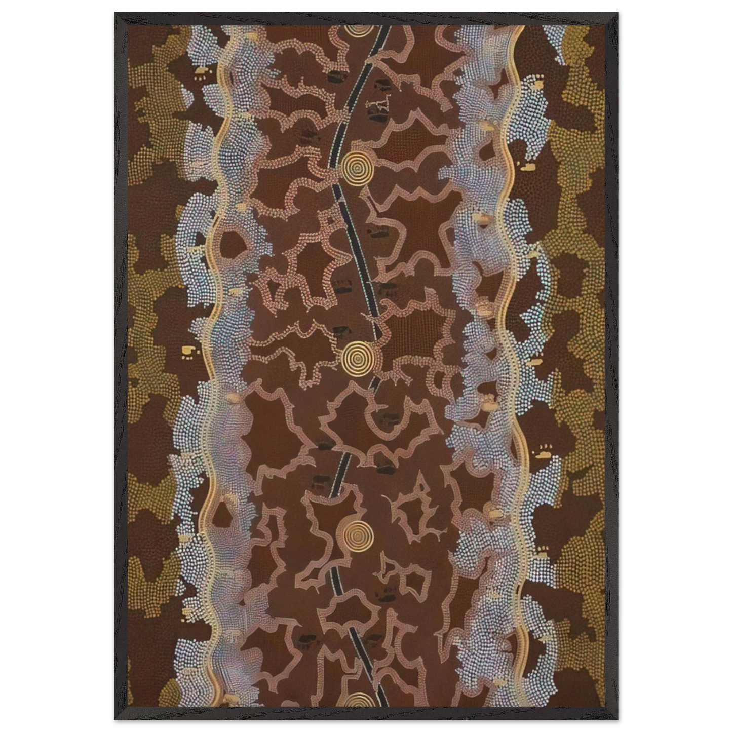 Possum Dreaming at Napperby - 1979 - Clifford Possum Tjapaltjarri Framed Art Print – Black Wooden Frame - Default Title - -Framed Art Print