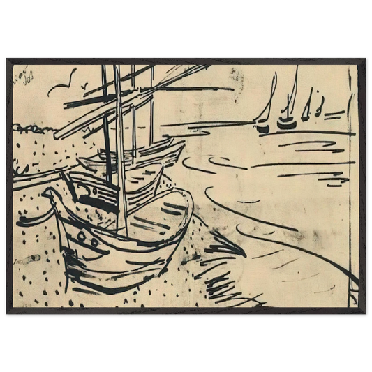 Fishing Boats on the Beach - Vincent van Gogh 70x100 cm / 28x40 inches Framed Art Print – Black Wooden Frame