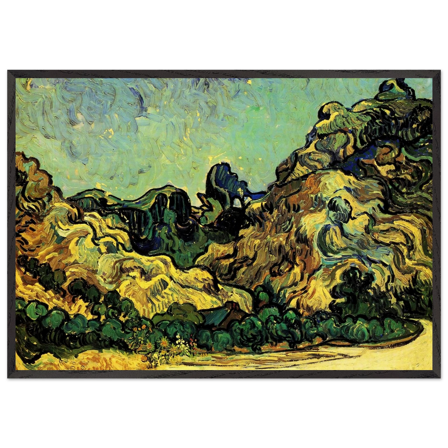 Mountains at Saint-Remy with Dark Cottage - Vincent van Gogh Framed Art Print – Black Wooden Frame - Default Title - -Framed Art Print