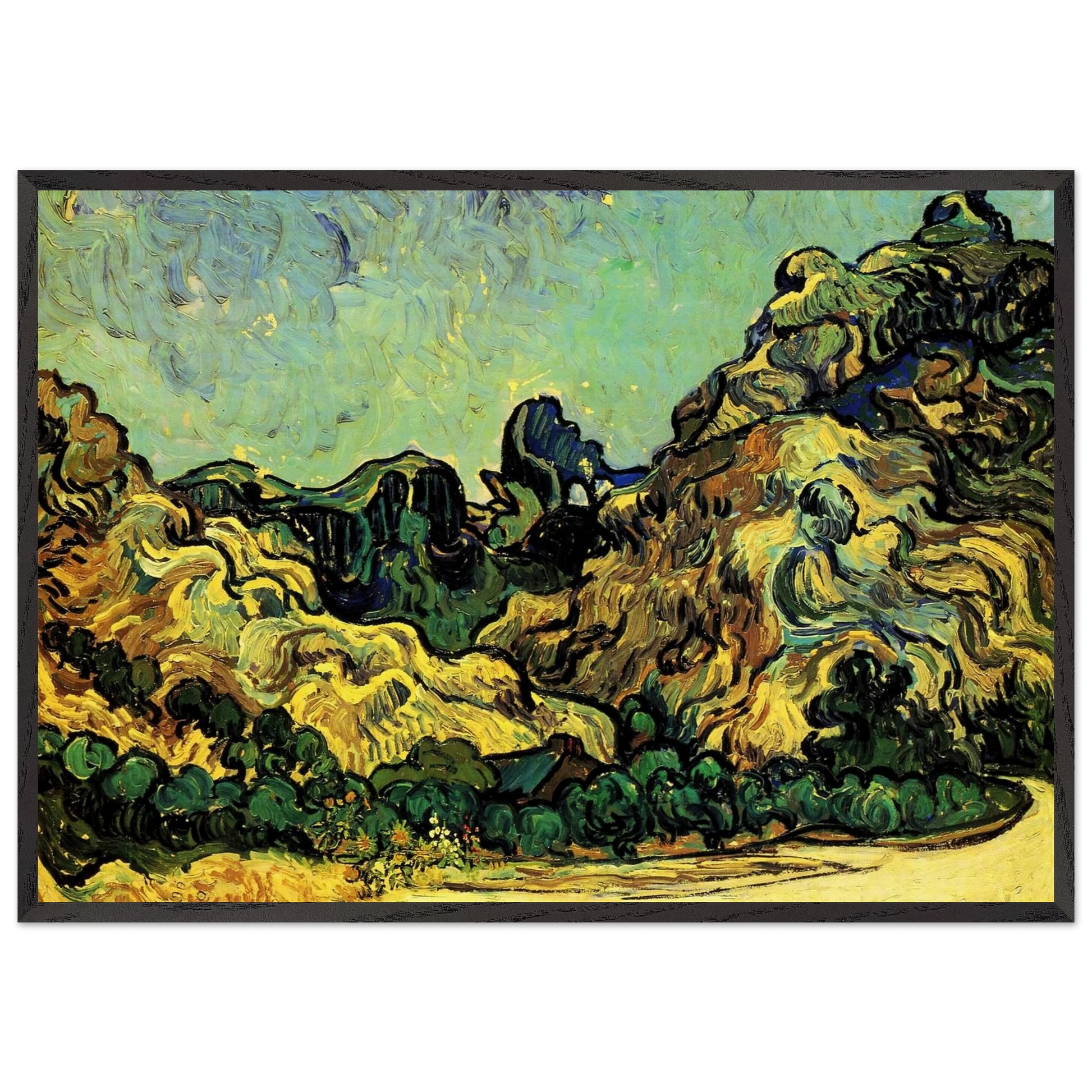 Mountains at Saint-Remy with Dark Cottage - Vincent van Gogh Framed Art Print – Black Wooden Frame - Default Title - -Framed Art Print