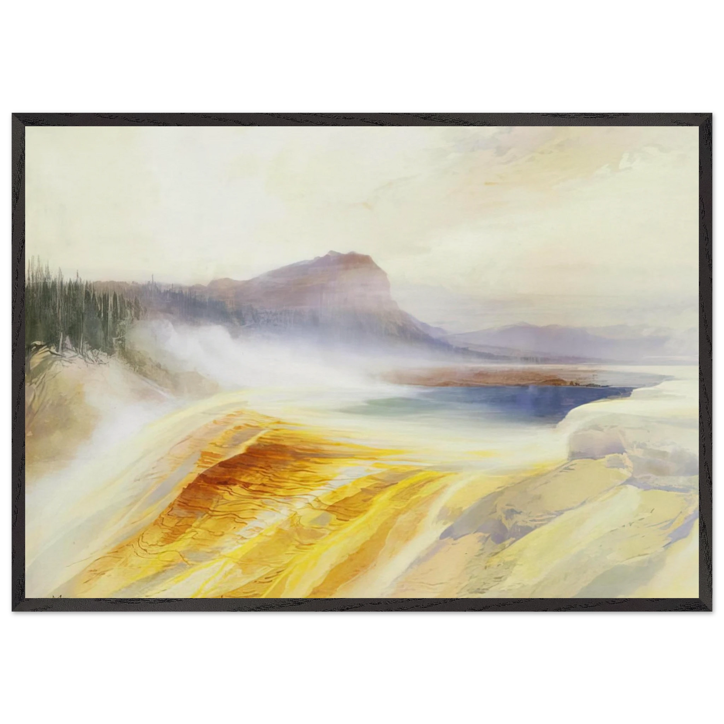 Great Blue Spring of the Lower Geyser Basin - Thomas Moran Framed Art Print – Black Wooden Frame - Default Title - -Framed Art Print