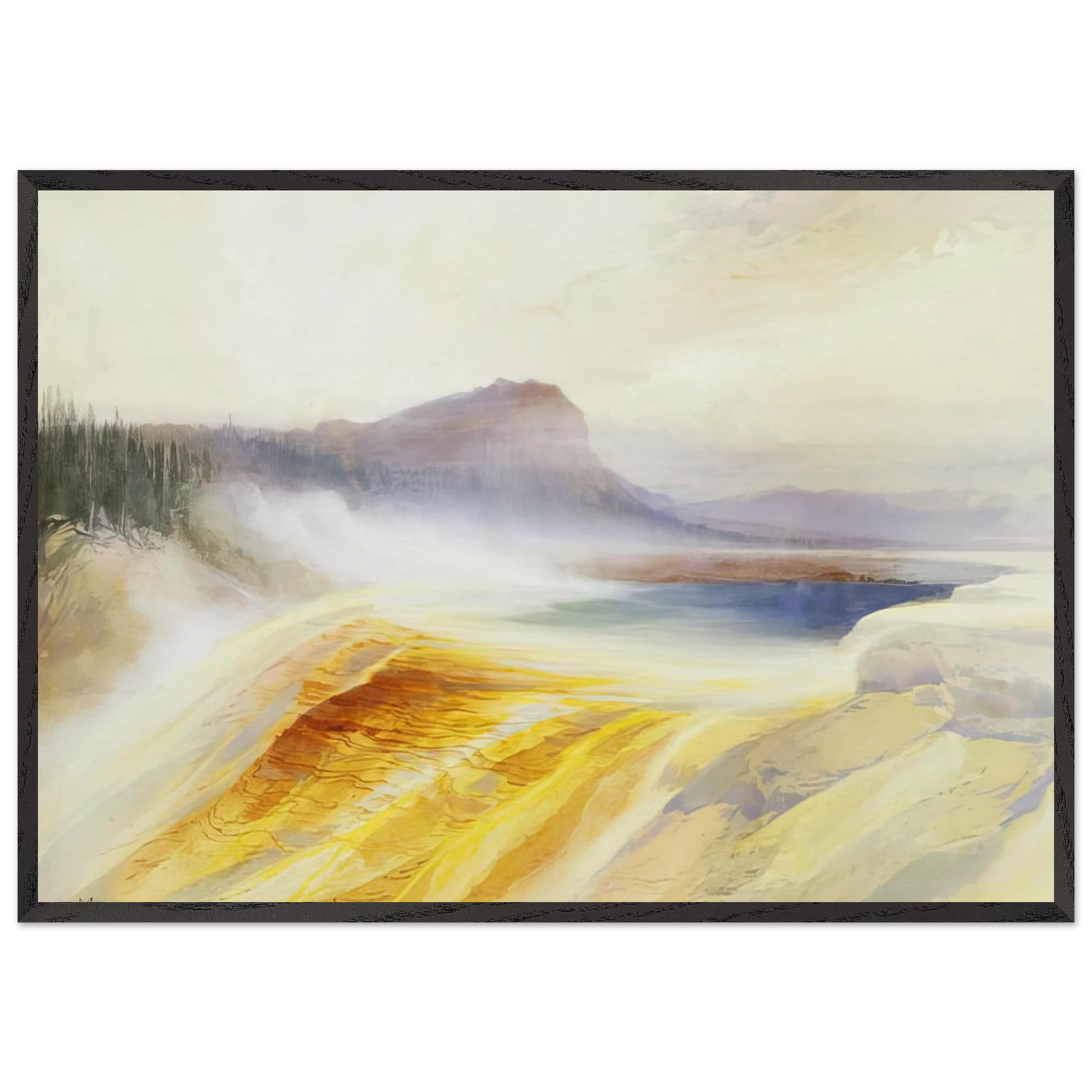 Great Blue Spring of the Lower Geyser Basin - Thomas Moran Framed Art Print – Black Wooden Frame - Default Title - -Framed Art Print