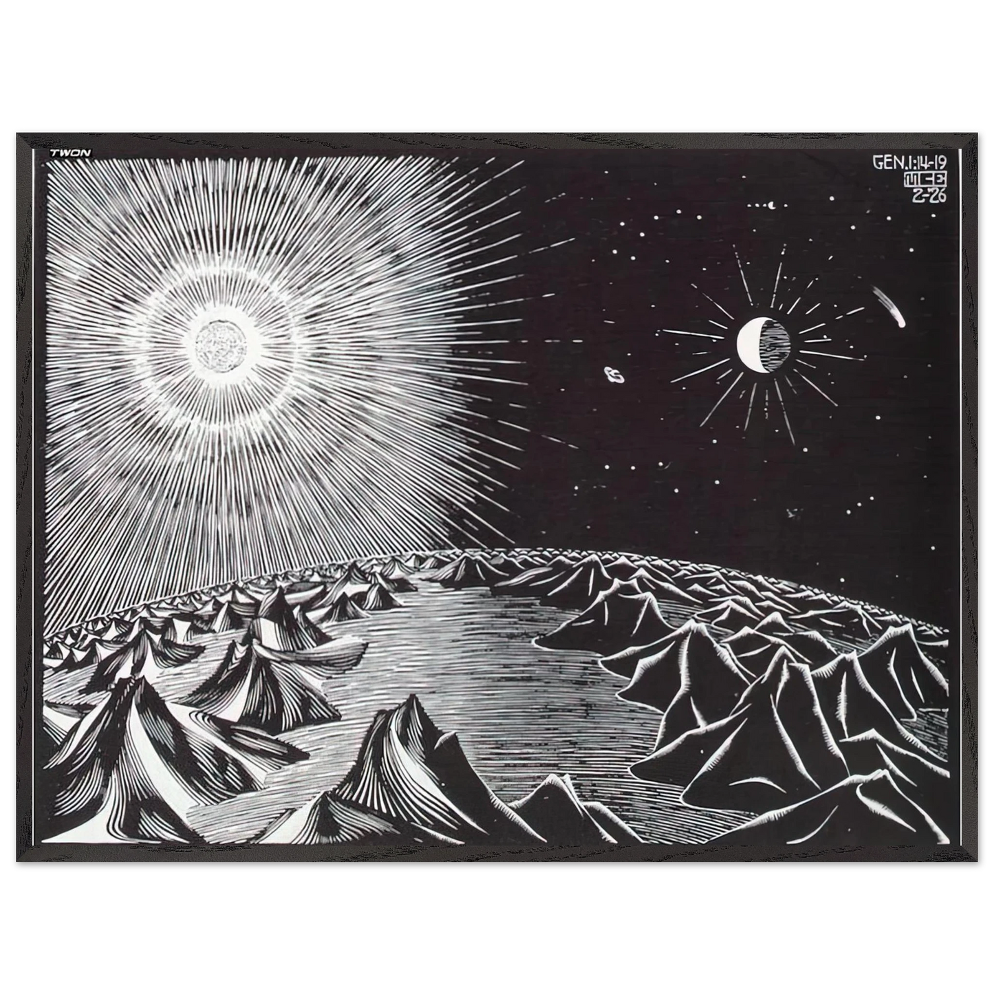 MC Escher - THE 4TH DAY OF THE CREATION Wall Art - 21x29.7 cm / 8x12" - Premium Wooden Framed Poster With Fine Art Paper - Wood frame