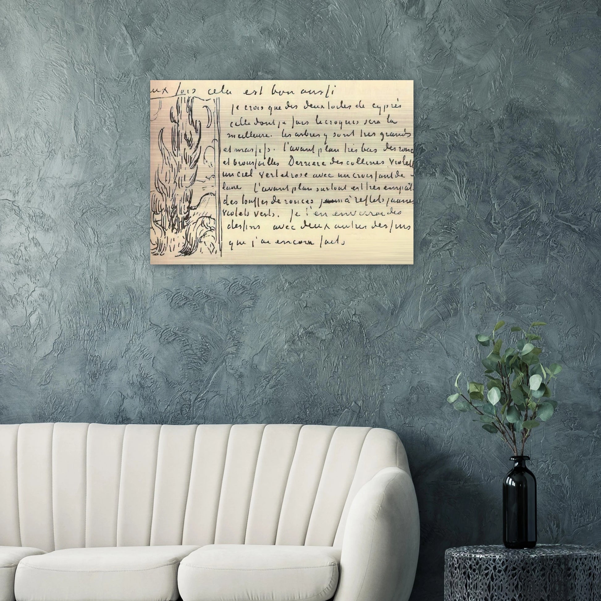 Cypresses Sketch on a Letter to Theo Van Gogh - Vincent van Gogh Brushed Aluminum Print - 70x100 cm / 28x40 inches | Vincent van Gogh Aluminum Print | Vincent van Gogh Prints