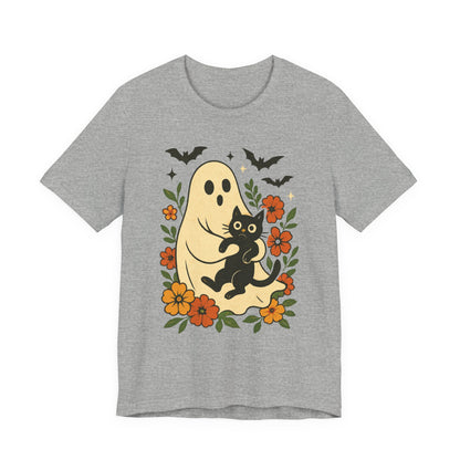 Fantasma Spettrale che tiene un Gatto Nero Fiori Groovy Halloween
