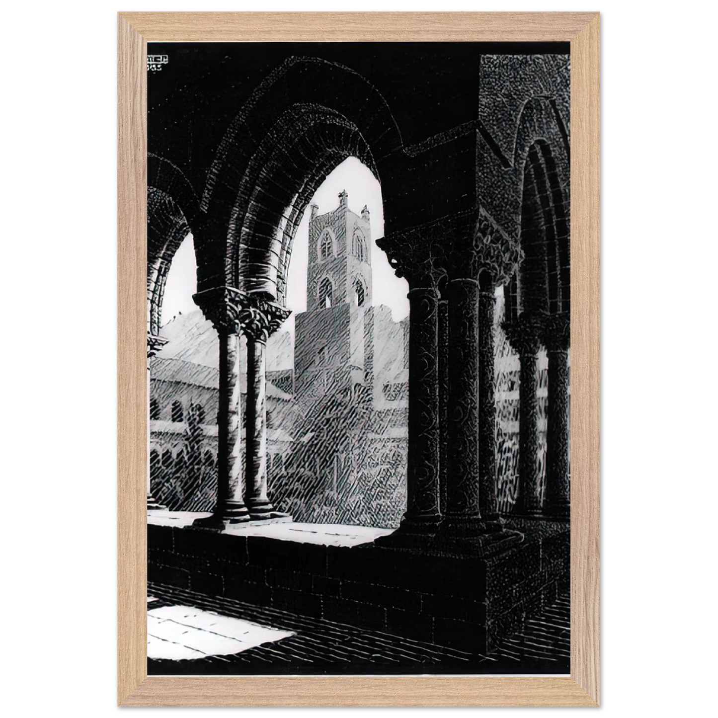 MC Escher - CLOISTER OF MONREALE SICILY Wall Art - 21x29.7 cm / 8x12" - Premium Wooden Framed Poster With Fine Art Paper - White frame