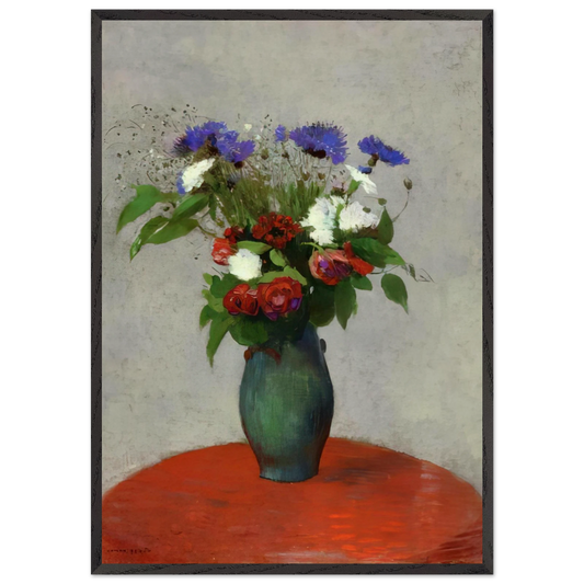 VASE OF FLOWERS ON A RED TABLECLOTH - Odilon Redon Framed Art Print – Black Wooden Frame - Default Title - -Framed Art Print