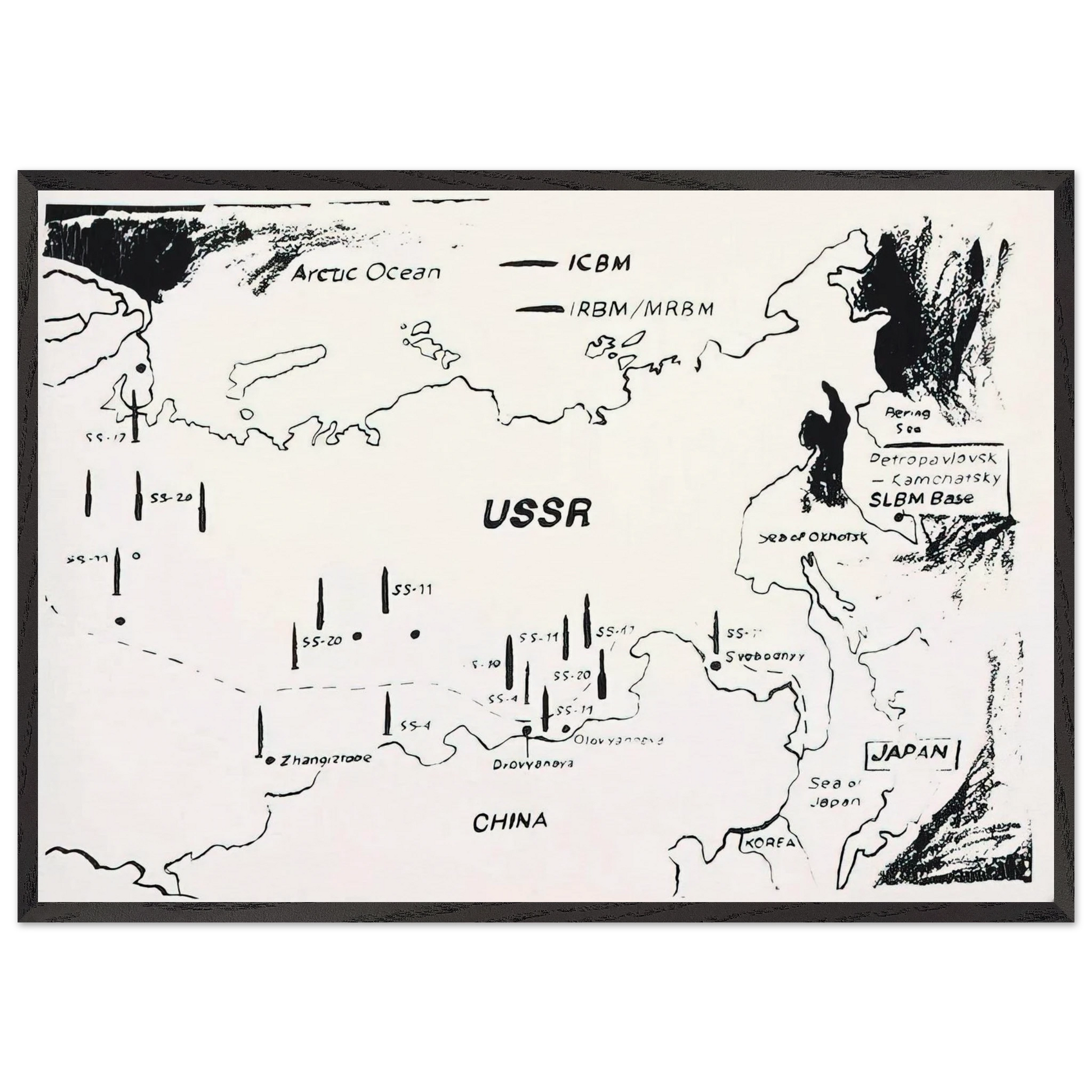 Map of Eastern USSR Missile Bases - Andy Warhol Framed Art Print – Black Wooden Frame - Default Title - -Framed Art Print