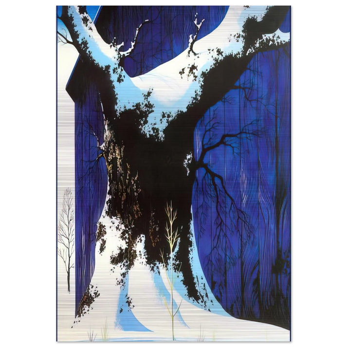 Blue Barn and Snow - Eyvind Earle Brushed Aluminum Print - 70x100 cm / 28x40 inches | Eyvind Earle Aluminum Print | Eyvind Earle Prints