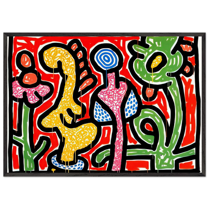 FLOWERS IV 1990 N2 - Keith Haring 70x100 cm / 28x40 inches Framed Art Print – Black Wooden Frame