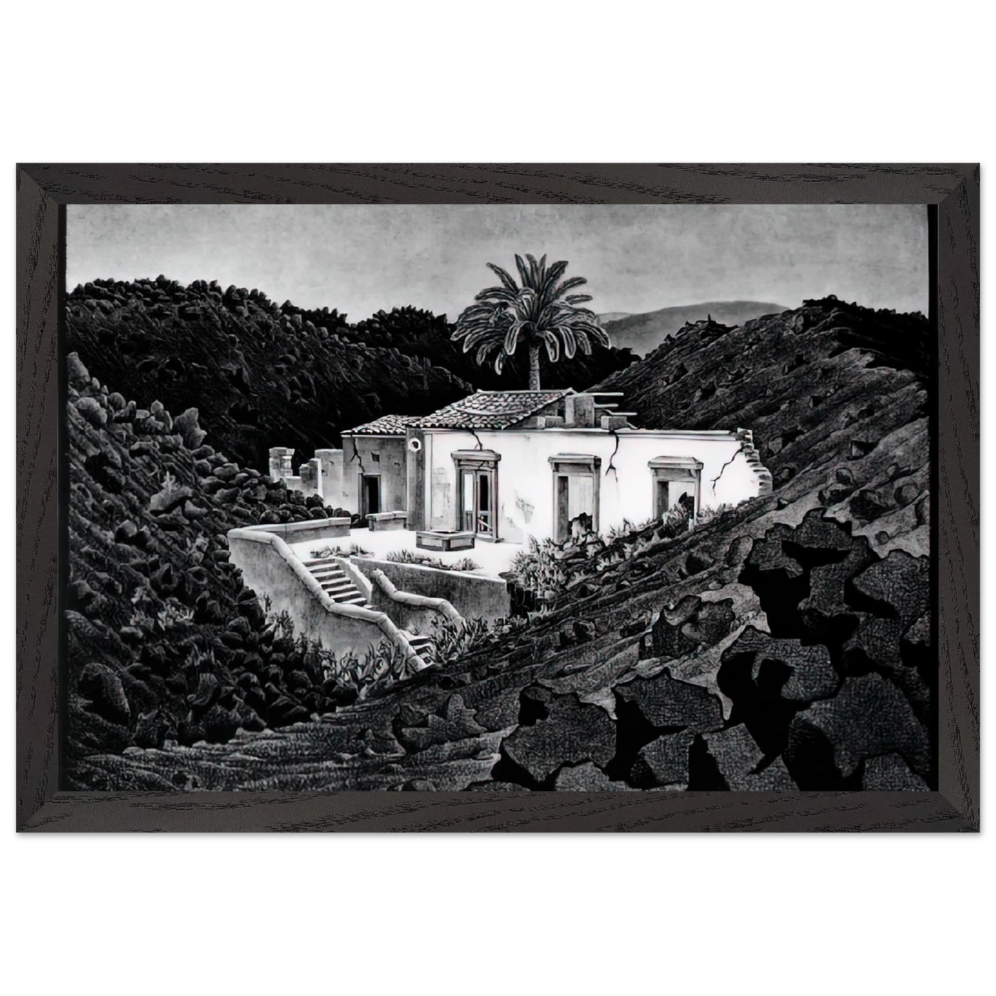 MC Escher - HOUSE IN THE LAVA NEAR NUNZIATA Wall Art - 21x29.7 cm / 8x12" - Premium Wooden Framed Poster With Fine Art Paper - White frame