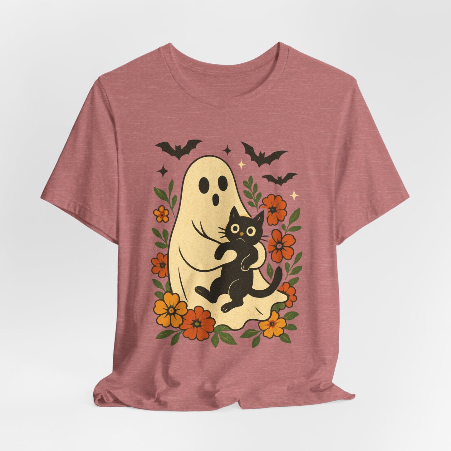 Fantasma Spettrale che tiene un Gatto Nero Fiori Groovy Halloween