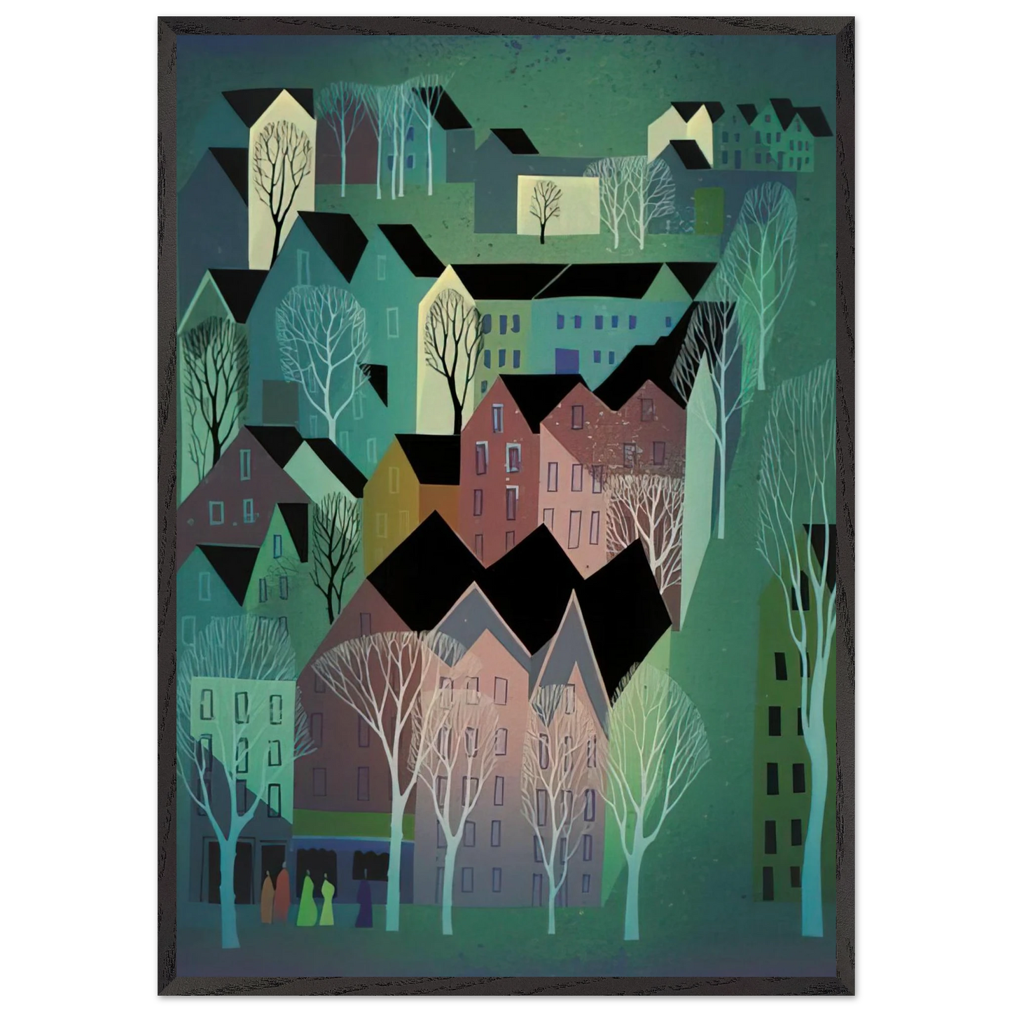Village - Eyvind Earle 70x100 cm / 28x40 inches Framed Art Print – Black Wooden Frame