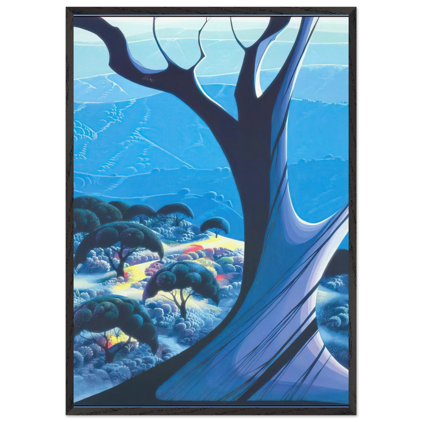 Purple Treeand Mountains - Eyvind Earle 70x100 cm / 28x40 inches Framed Art Print – Black Wooden Frame