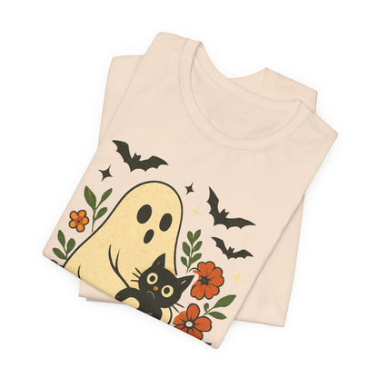 Fantasma Spettrale che tiene un Gatto Nero Fiori Groovy Halloween