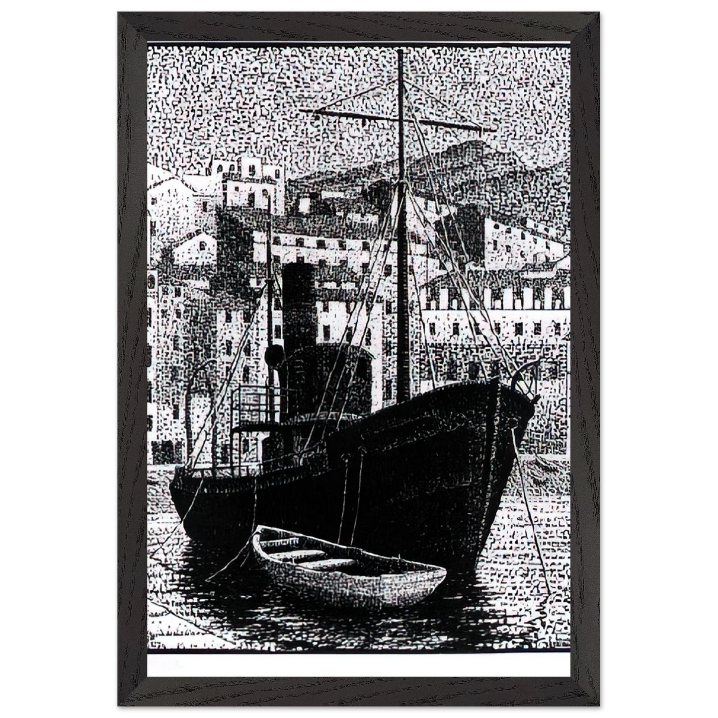 MC Escher - TUGBOAT OLD HARBOR OF BASTIA JANUARY 1934 1934 Wall Art - 30x40 cm / 12x16 inches - Premium Wooden Framed Poster With Fine Art Paper - White frame