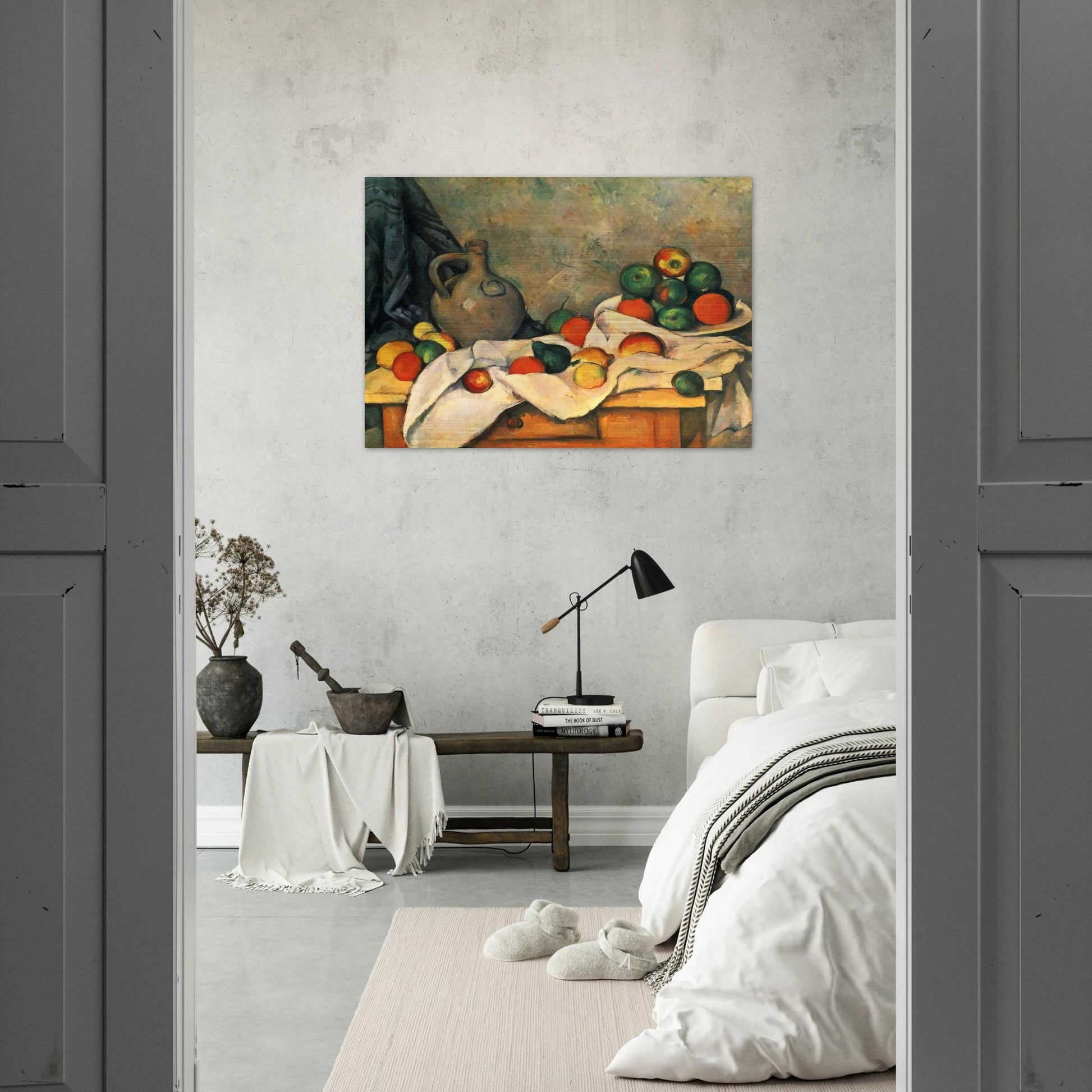 Curtain, Jug and Fruit - Paul Cézanne Brushed Aluminum Print - 70x100 cm / 28x40 inches | Paul Cézanne Aluminum Print | Paul Cézanne Prints