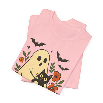 Fantasma Spettrale che tiene un Gatto Nero Fiori Groovy Halloween