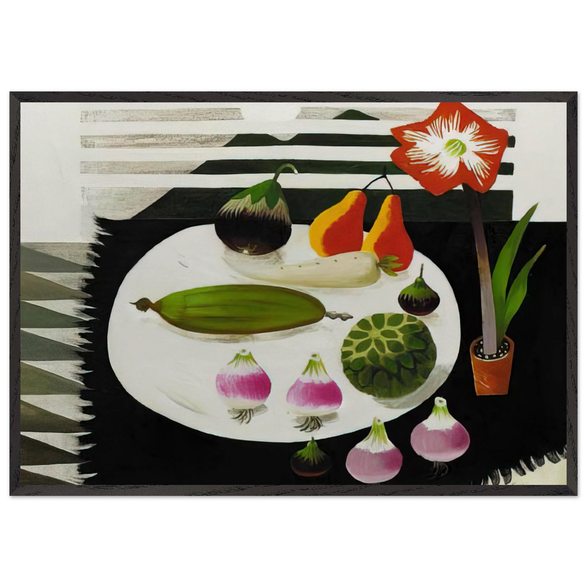 Still life with pears and onions - 1992 - Mary Fedden Framed Art Print – Black Wooden Frame - Default Title - -Framed Art Print