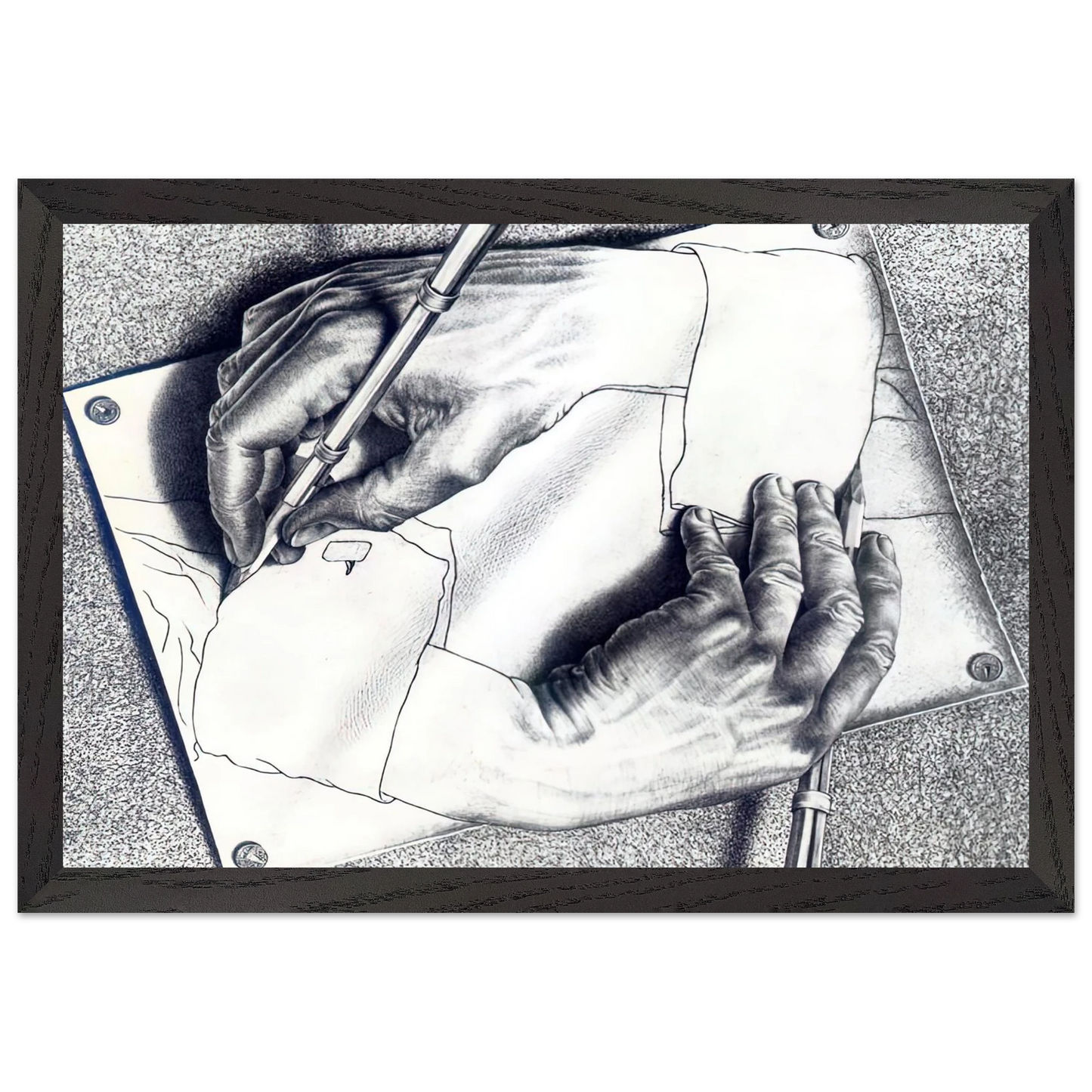 MC Escher - DRAWING HANDS Wall Art - 21x29.7 cm / 8x12" - Premium Wooden Framed Poster With Fine Art Paper - White frame