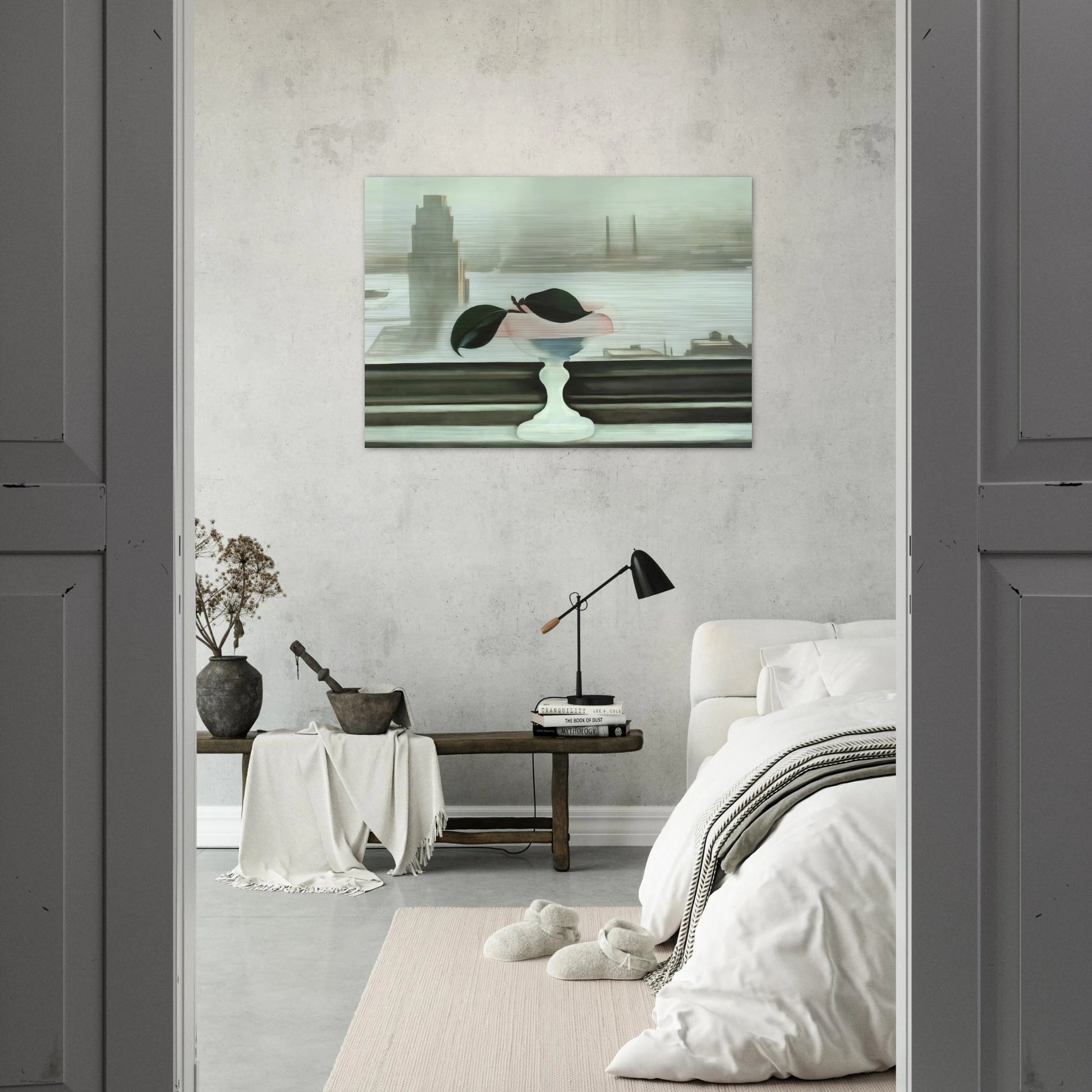 Pink Dish and Green Leaves - Georgia O'Keeffe Brushed Aluminum Print - 70x100 cm / 28x40 inches | Georgia O'Keeffe Aluminum Print | Georgia O'Keeffe Prints