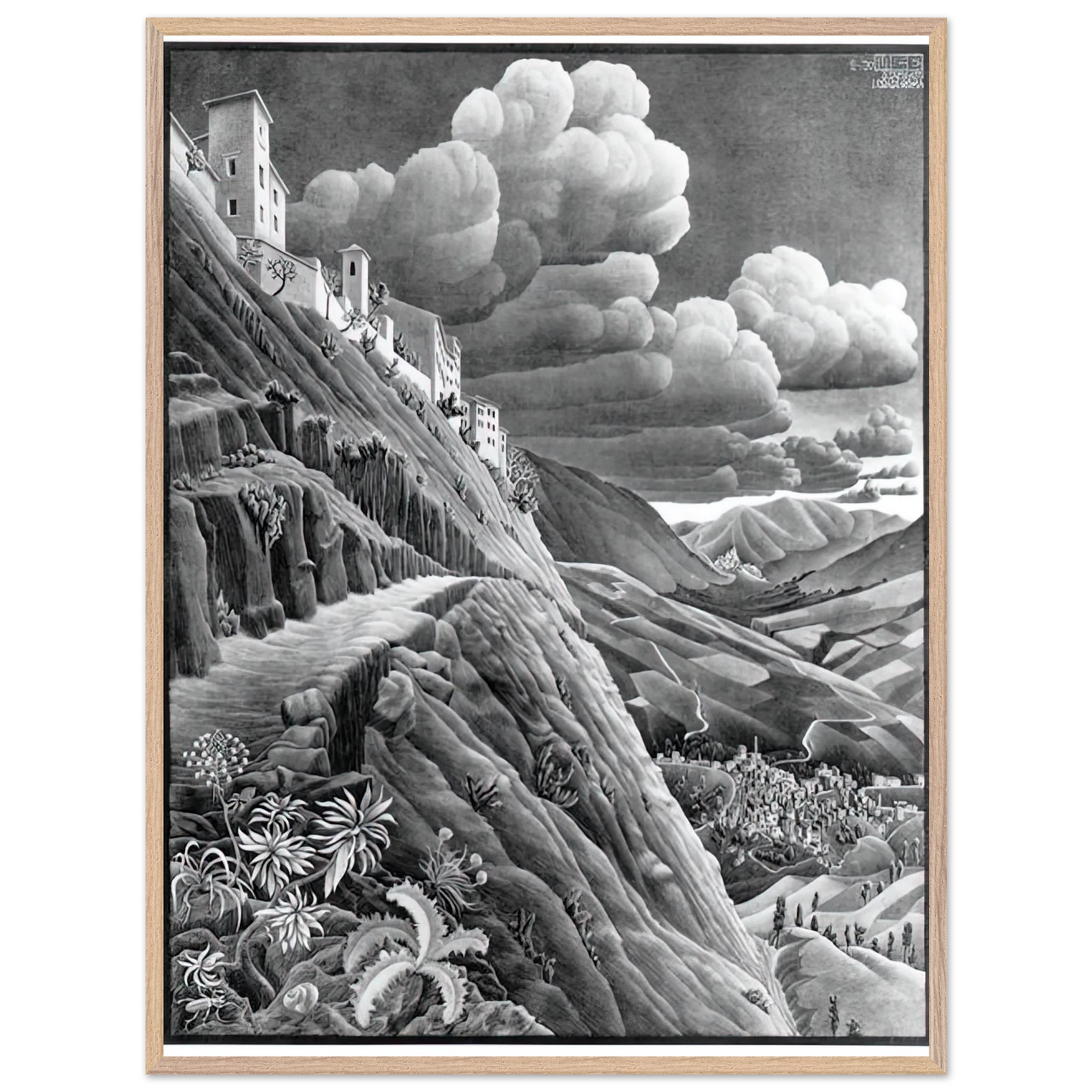 MC Escher - CASTROVALVA Wall Art - 60x80 cm / 24x32 inches - Premium Wooden Framed Poster With Fine Art Paper - White frame