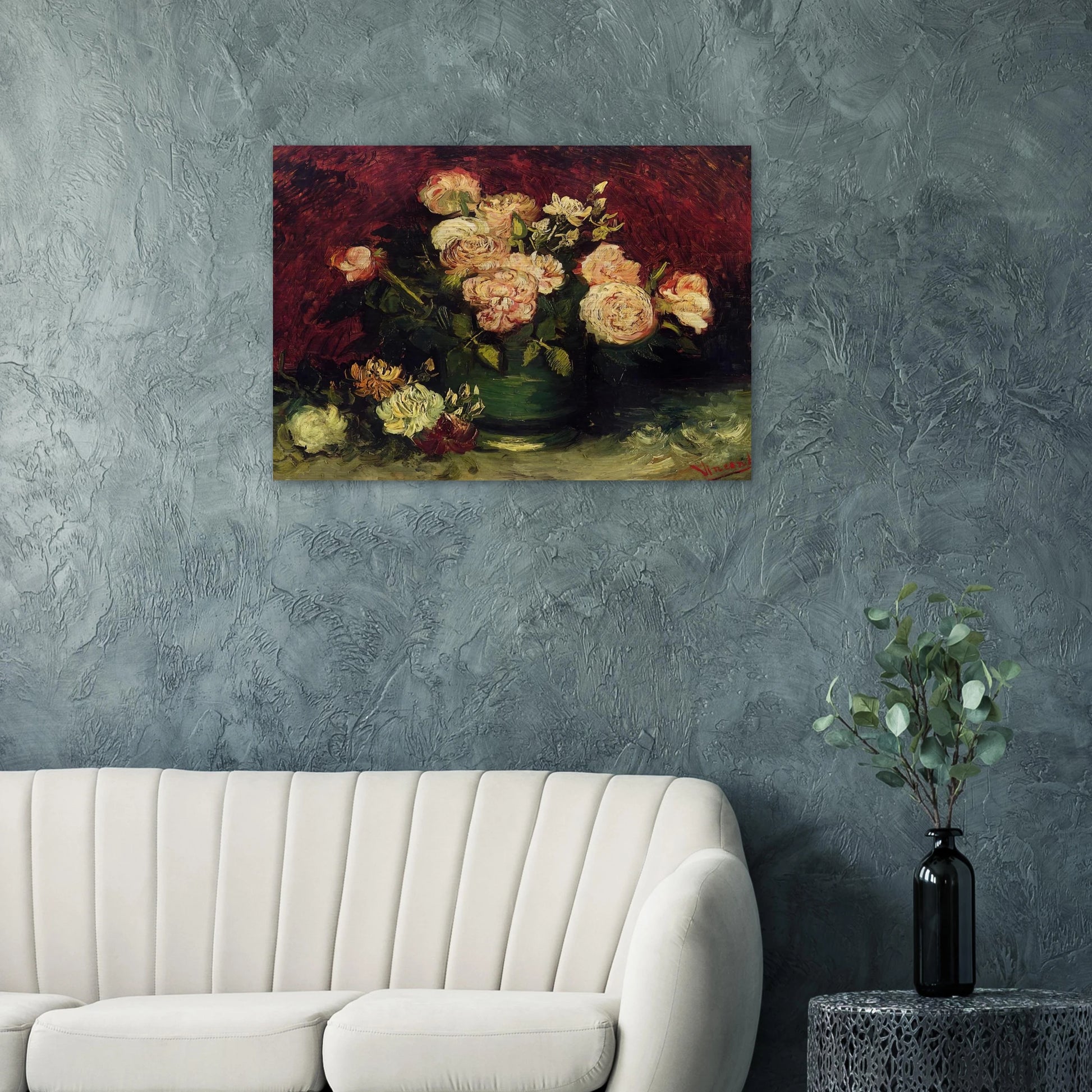 Bowl with Peonies and Roses - Vincent van Gogh Brushed Aluminum Print - 70x100 cm / 28x40 inches | Vincent van Gogh Aluminum Print | Vincent van Gogh Prints