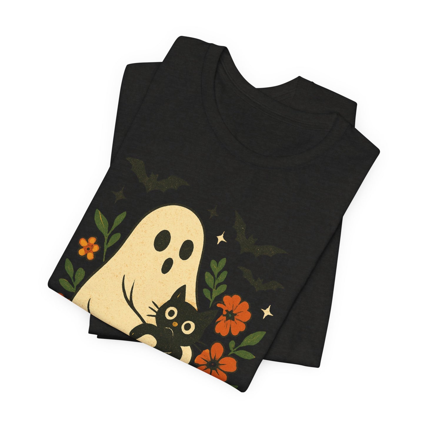 Fantasma Spettrale che tiene un Gatto Nero Fiori Groovy Halloween
