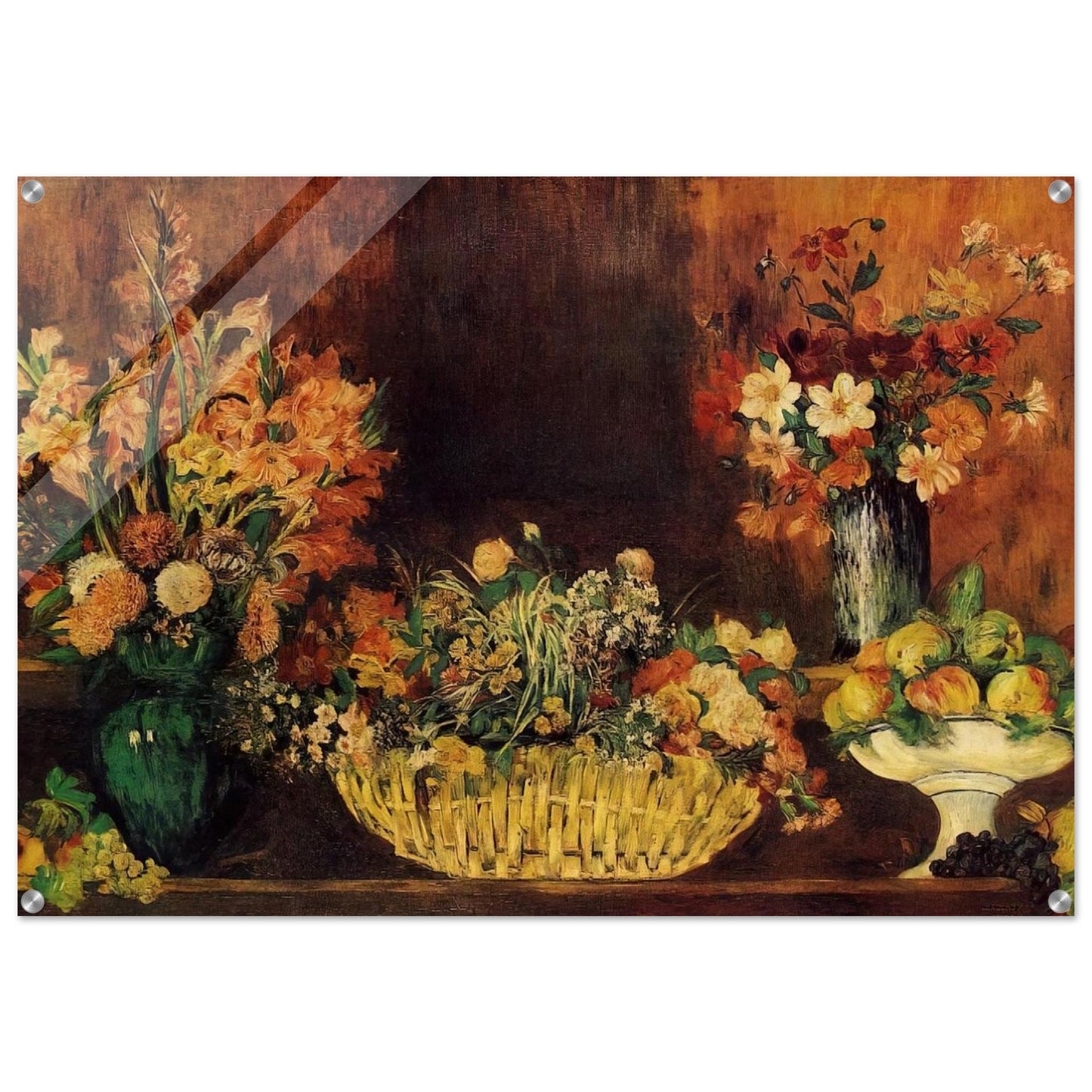 Vase, Basket of Flowers and Fruit - Pierre-Auguste Renoir Acrylic Print - 70x100 cm / 28x40″ inches | Pierre-Auguste Renoir Wall Art | Pierre-Auguste Renoir Prints