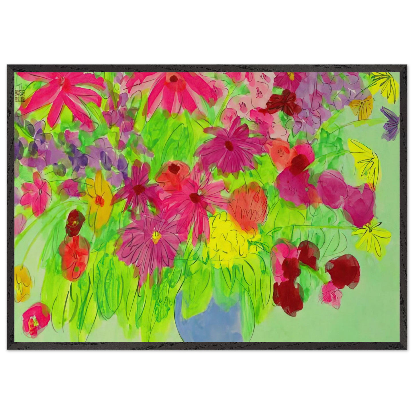 Blue Vase Many Flowers - Naive Art Primitivism Pop Art - Walasse Ting Framed Art Print – Black Wooden Frame - Default Title - -Framed Art Print