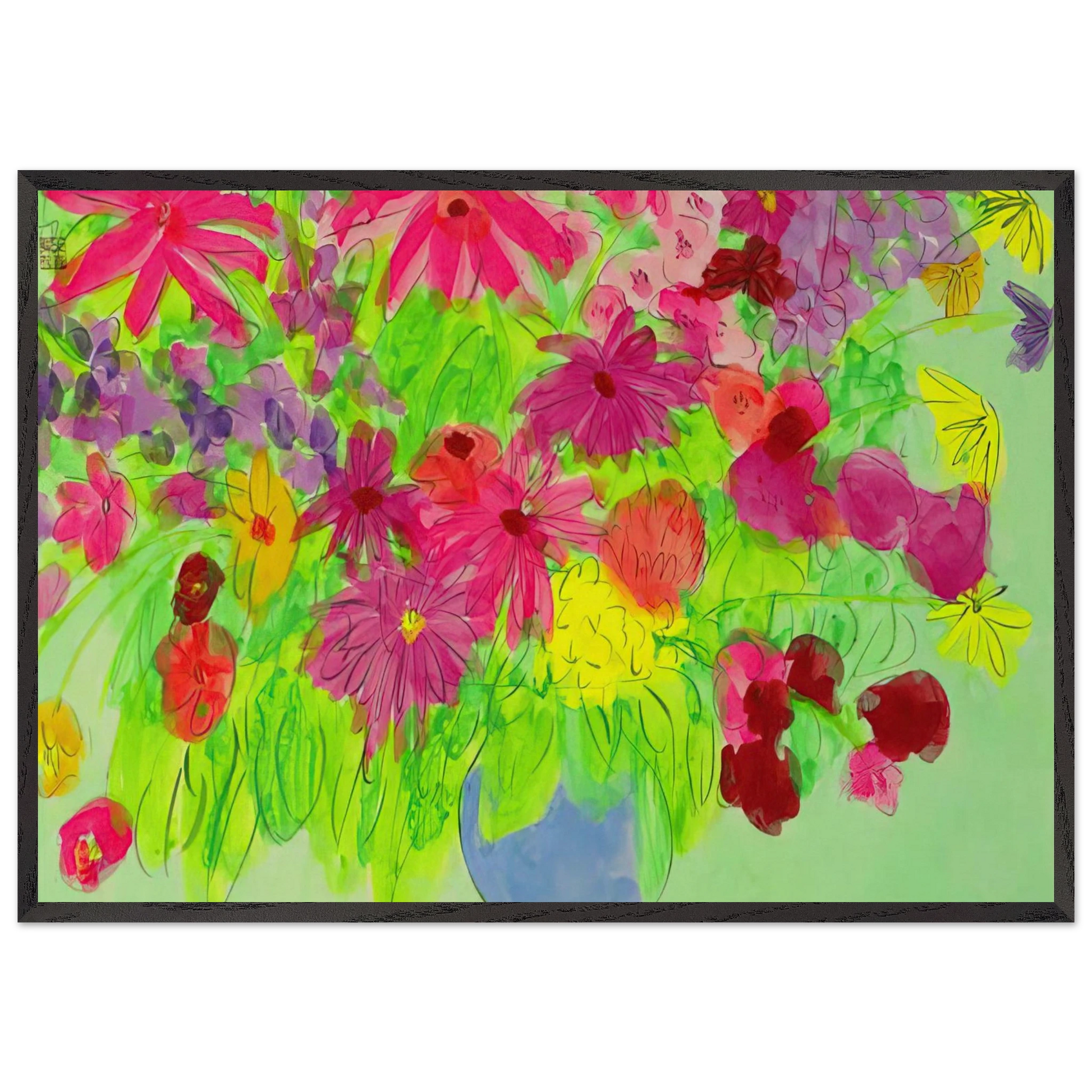 Blue Vase Many Flowers - Naive Art Primitivism Pop Art - Walasse Ting Framed Art Print – Black Wooden Frame - Default Title - -Framed Art Print