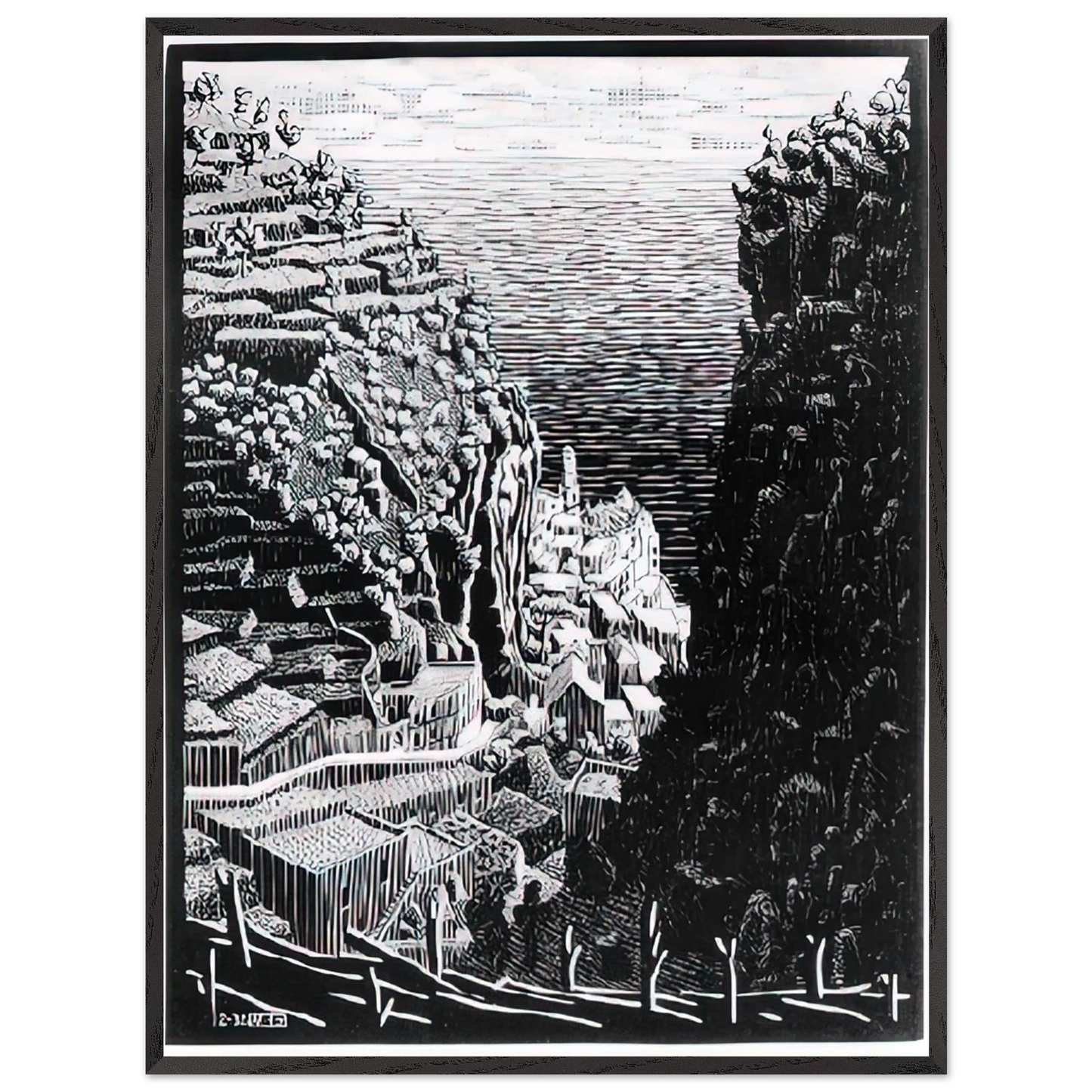 MC Escher - ATRANI COAST OF AMALFI 1 Wall Art - 21x29.7 cm / 8x12" - Premium Wooden Framed Poster With Fine Art Paper - Black frame